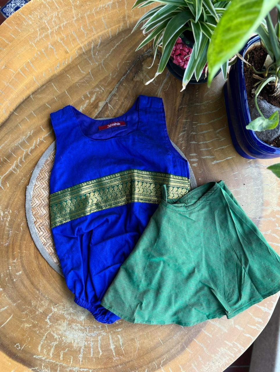 Rompers in Blue Kalyani Pattu with Green zari border Buy