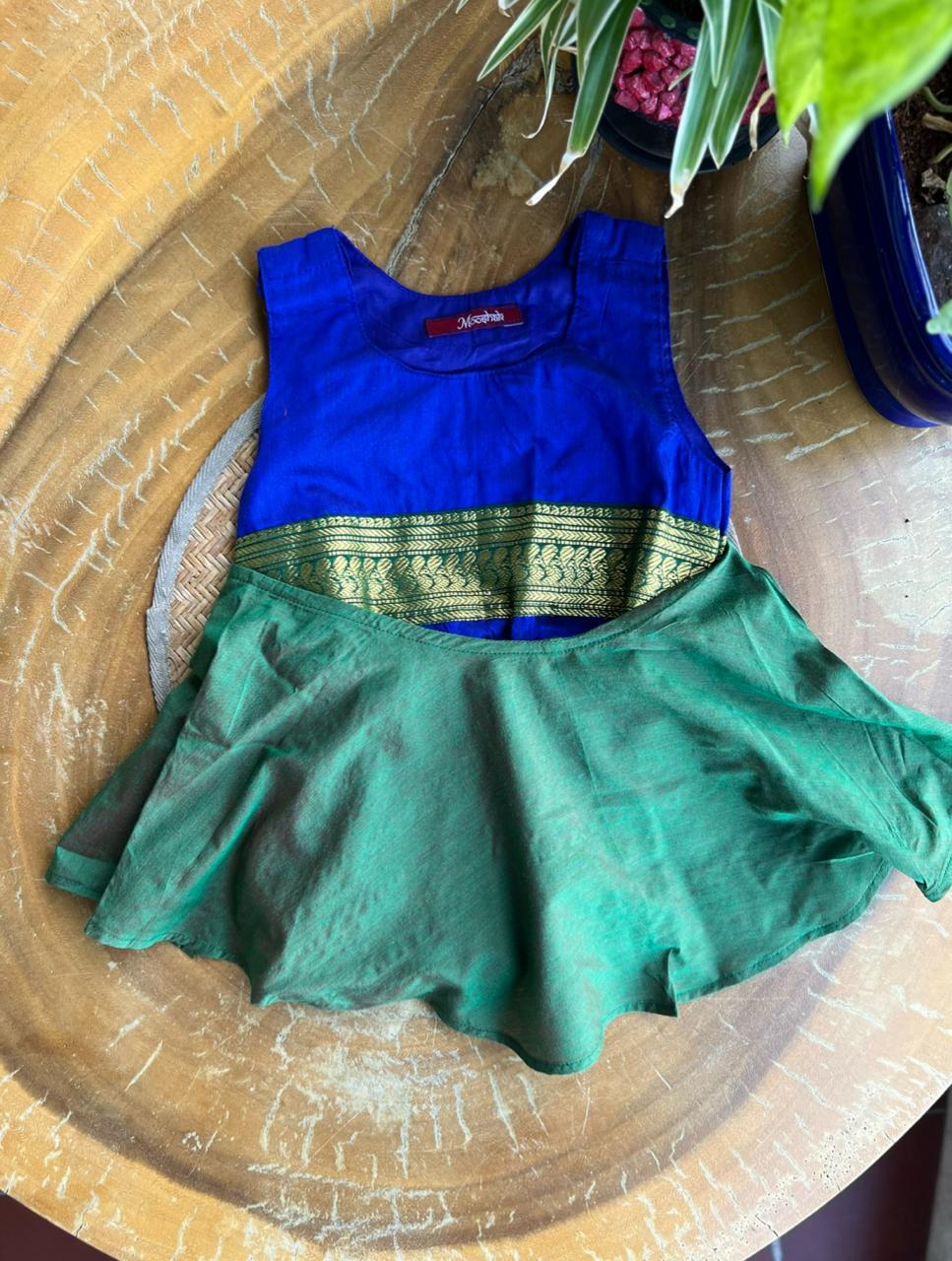 Rompers in Blue Kalyani Pattu with Green zari border