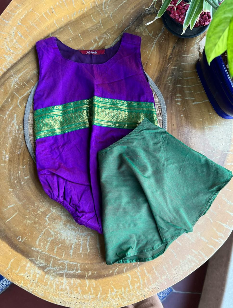 Onesie Rompers in Dual shade of purple with green zari Mooshak