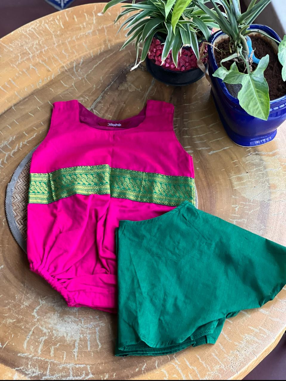 Onesie Rompers in Pink Kalyani Pattu with Green zari border mooshak