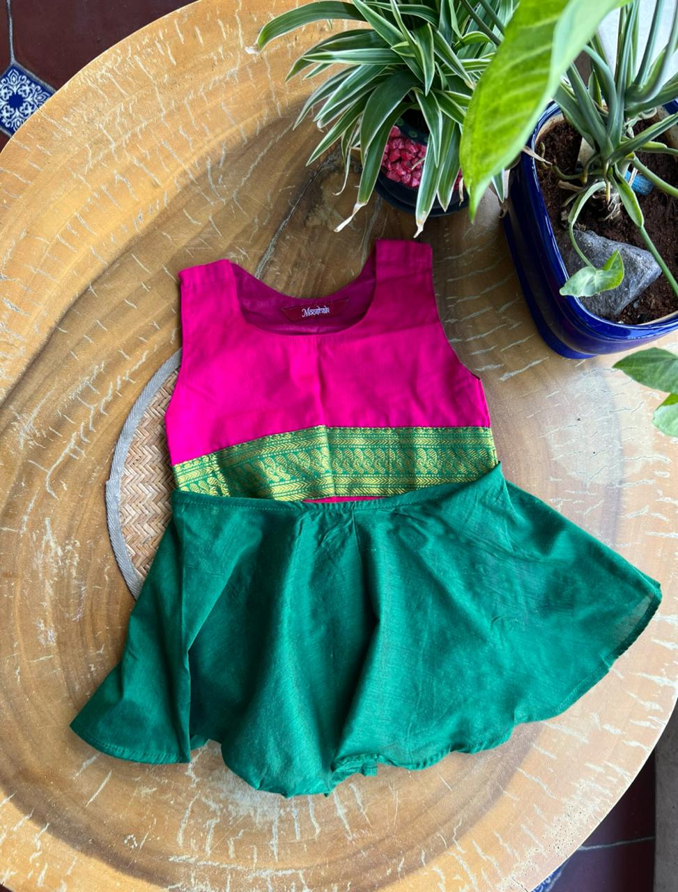 Onesie Rompers in Pink Kalyani Pattu with Green zari border