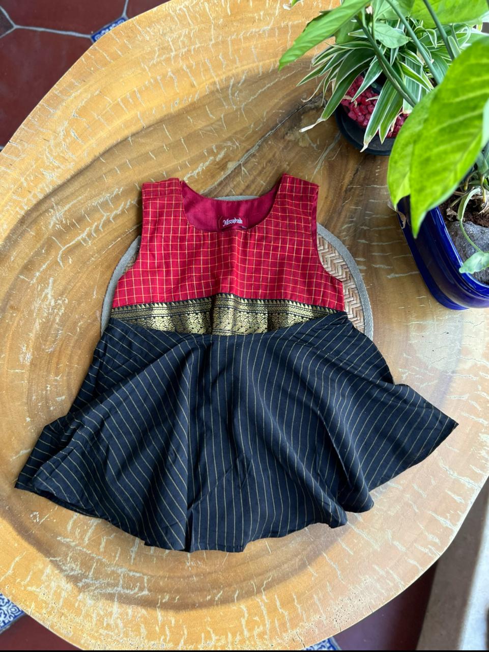 Onesie Rompers in Red checks with black zari border