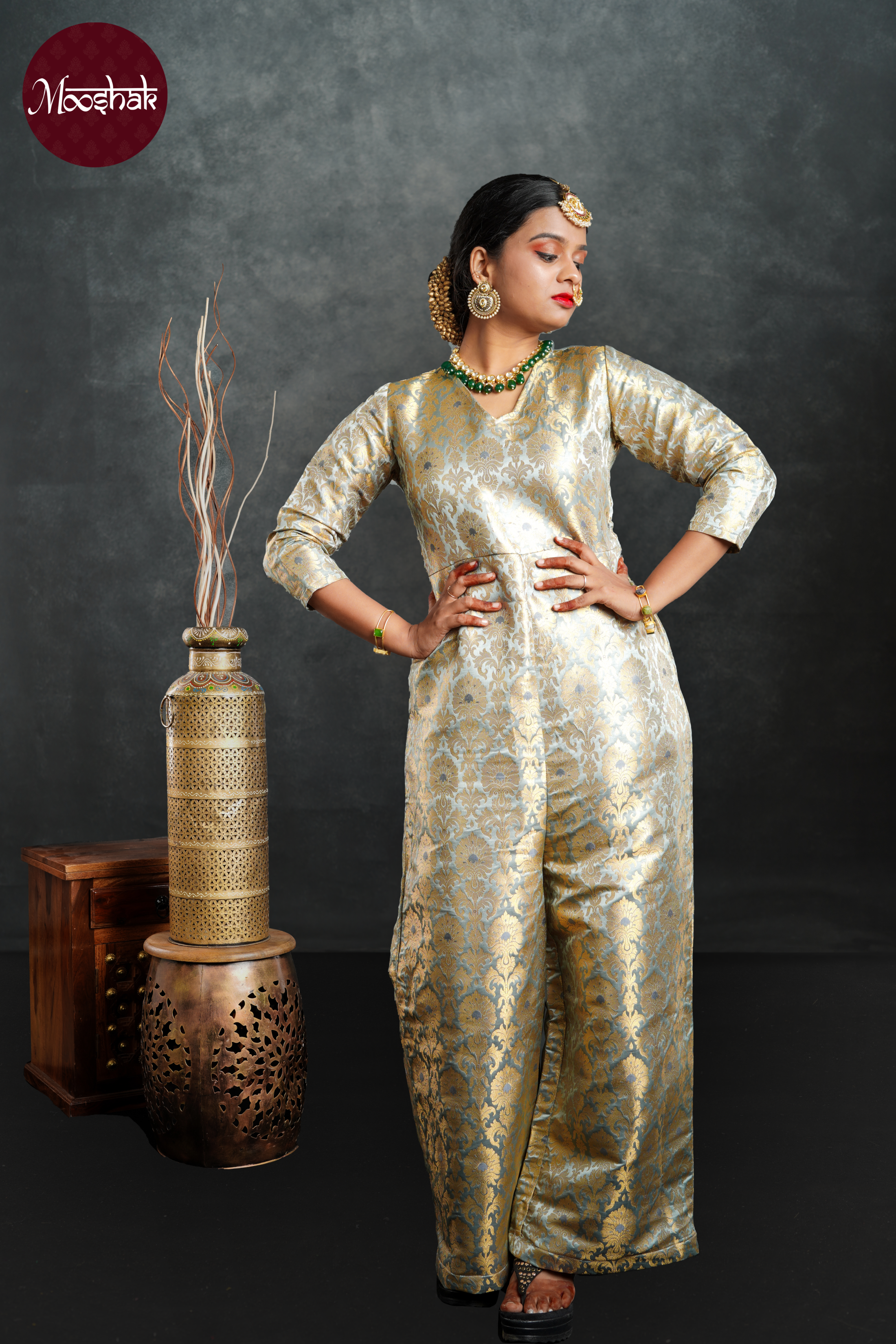 Anokhi - Jumpsuit in Pastel Grey with gold zari work