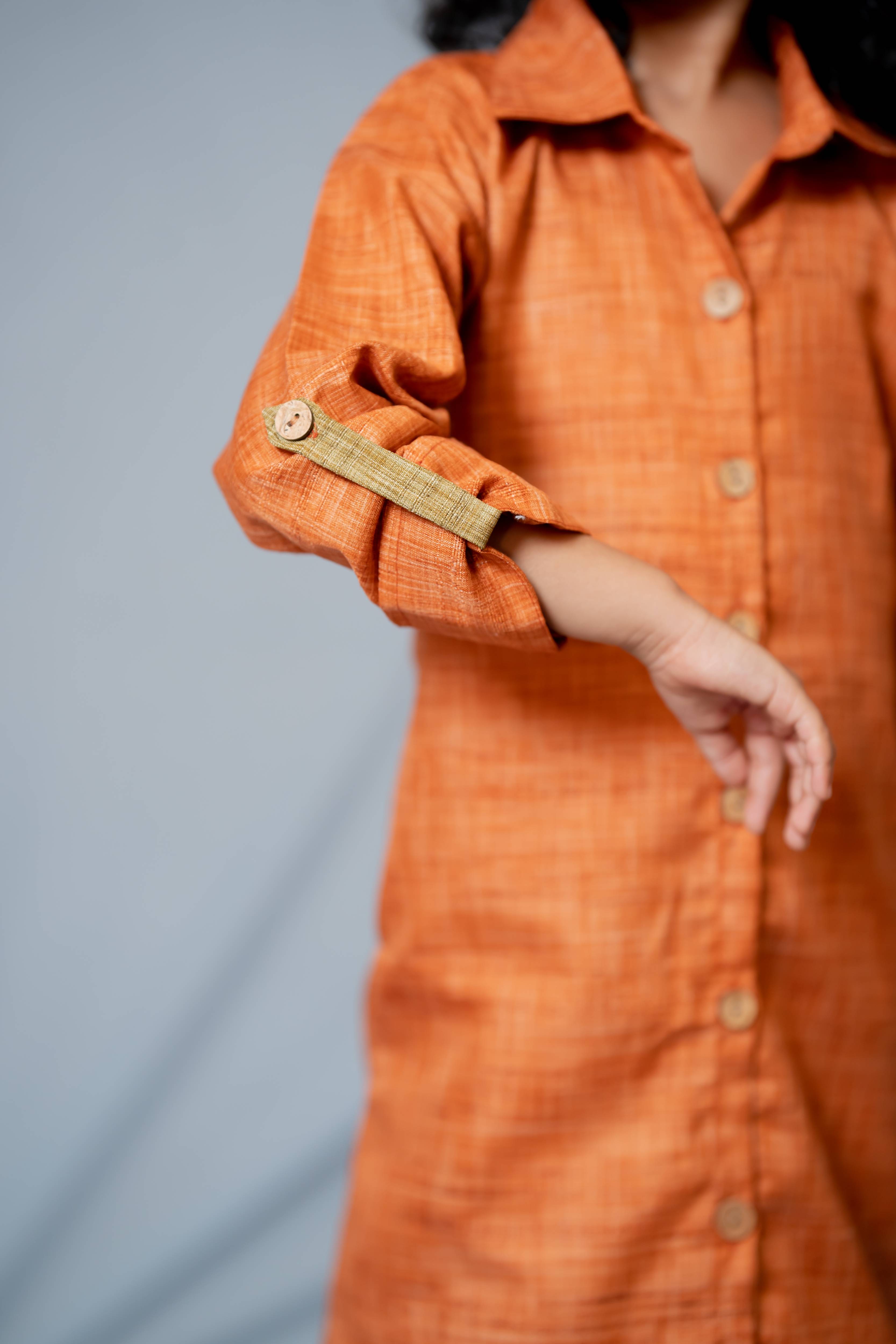 Autumn - Roll-up sleeve collared Shirt dress in Rust co-jute