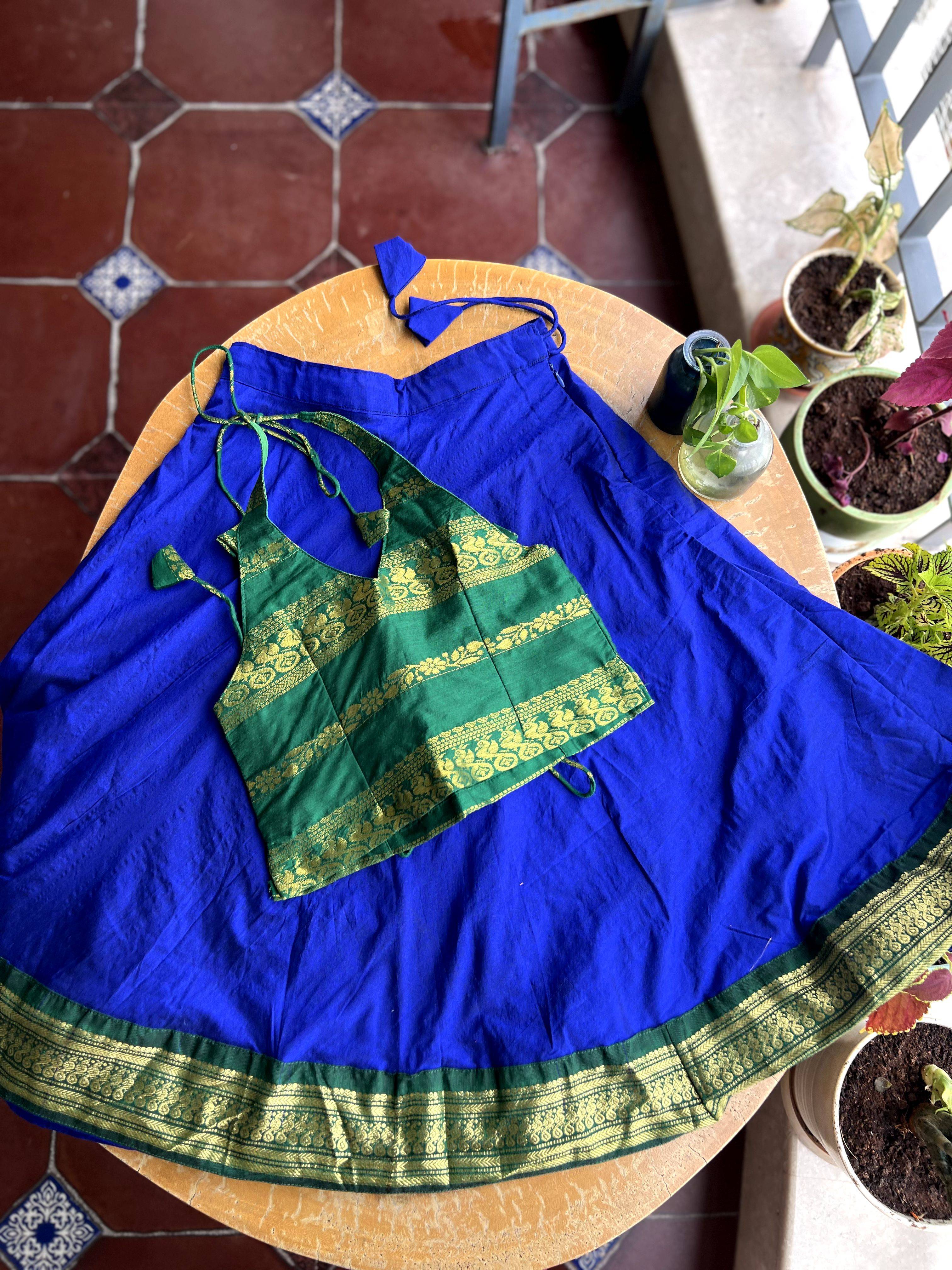 mom daughter Avani - Skirt and Top in Blue with green zari 