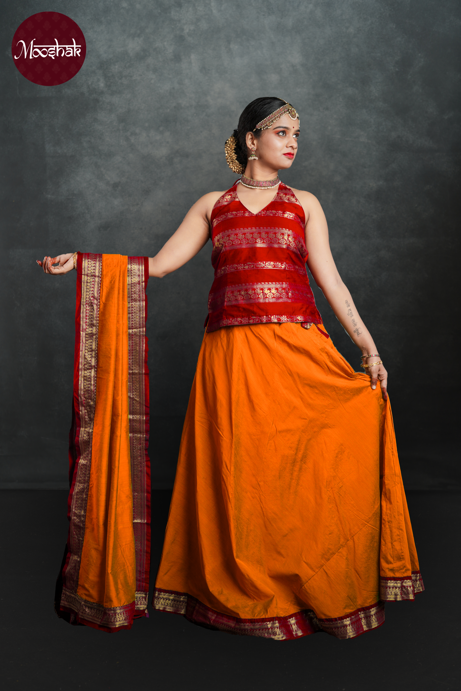 Avani - Skirt and Top in Orange with red zari