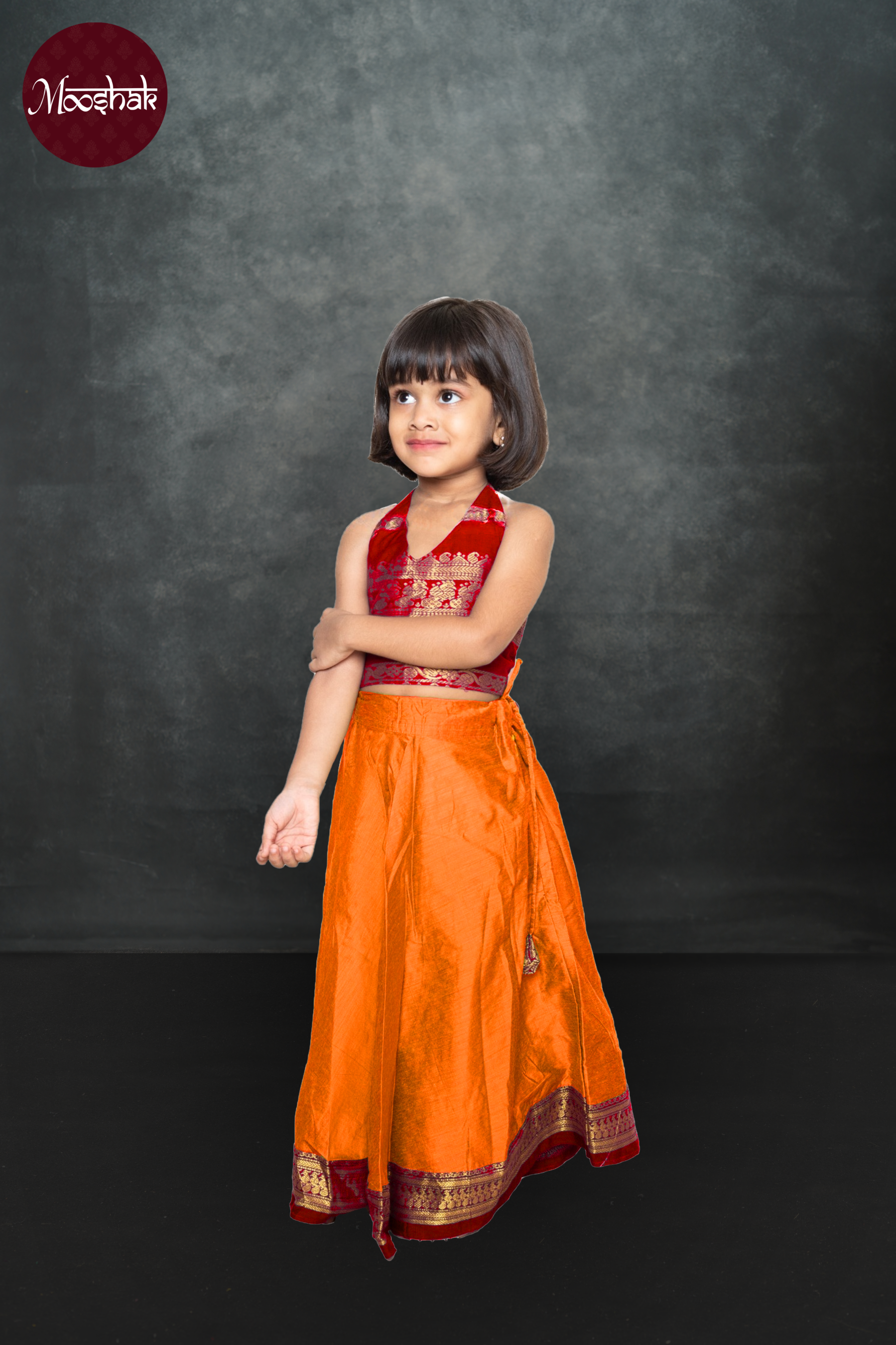 Avani - Skirt and Top in Orange with red zari