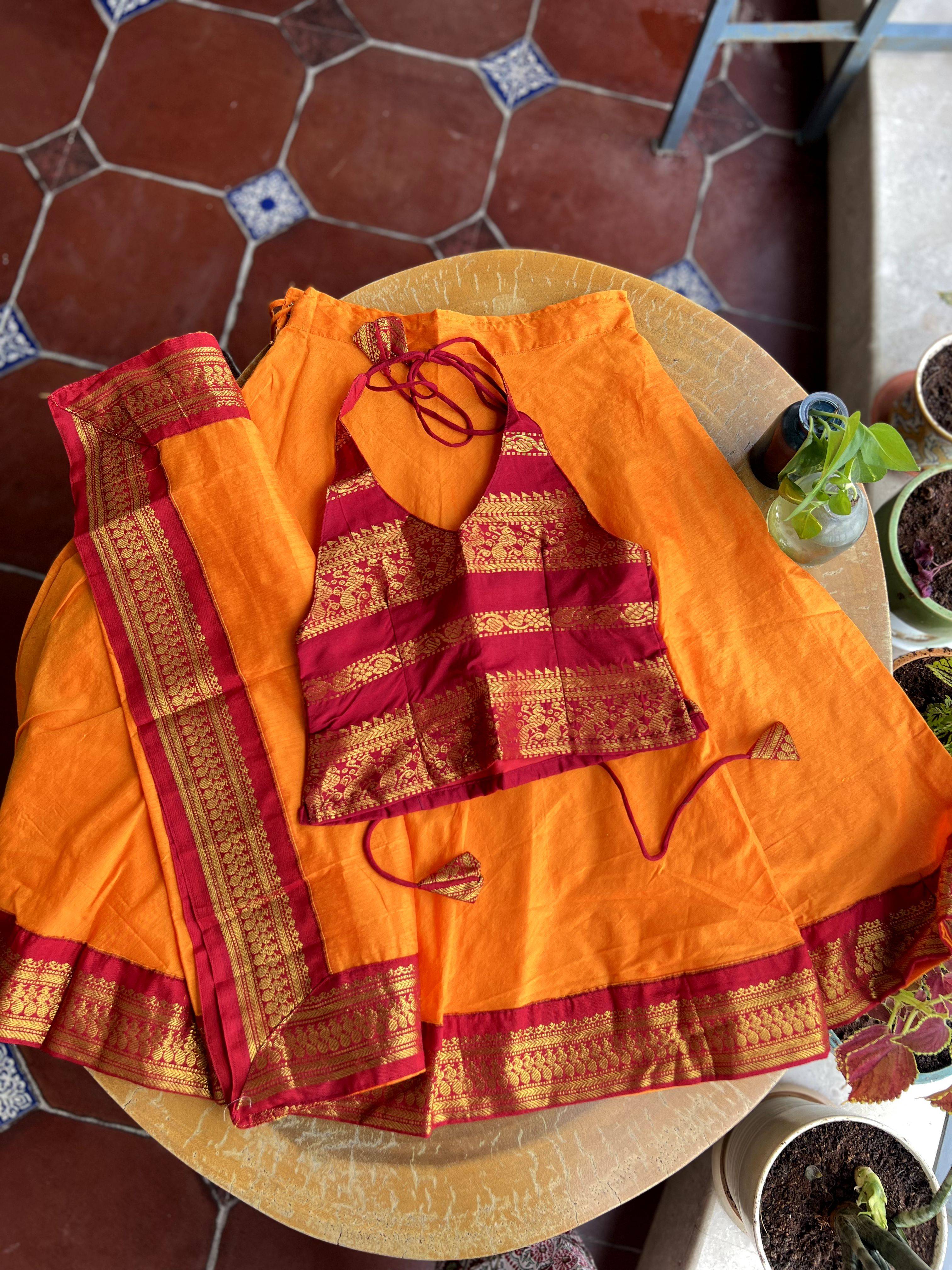 mom daughter Skirt and Top in Orange with red zari