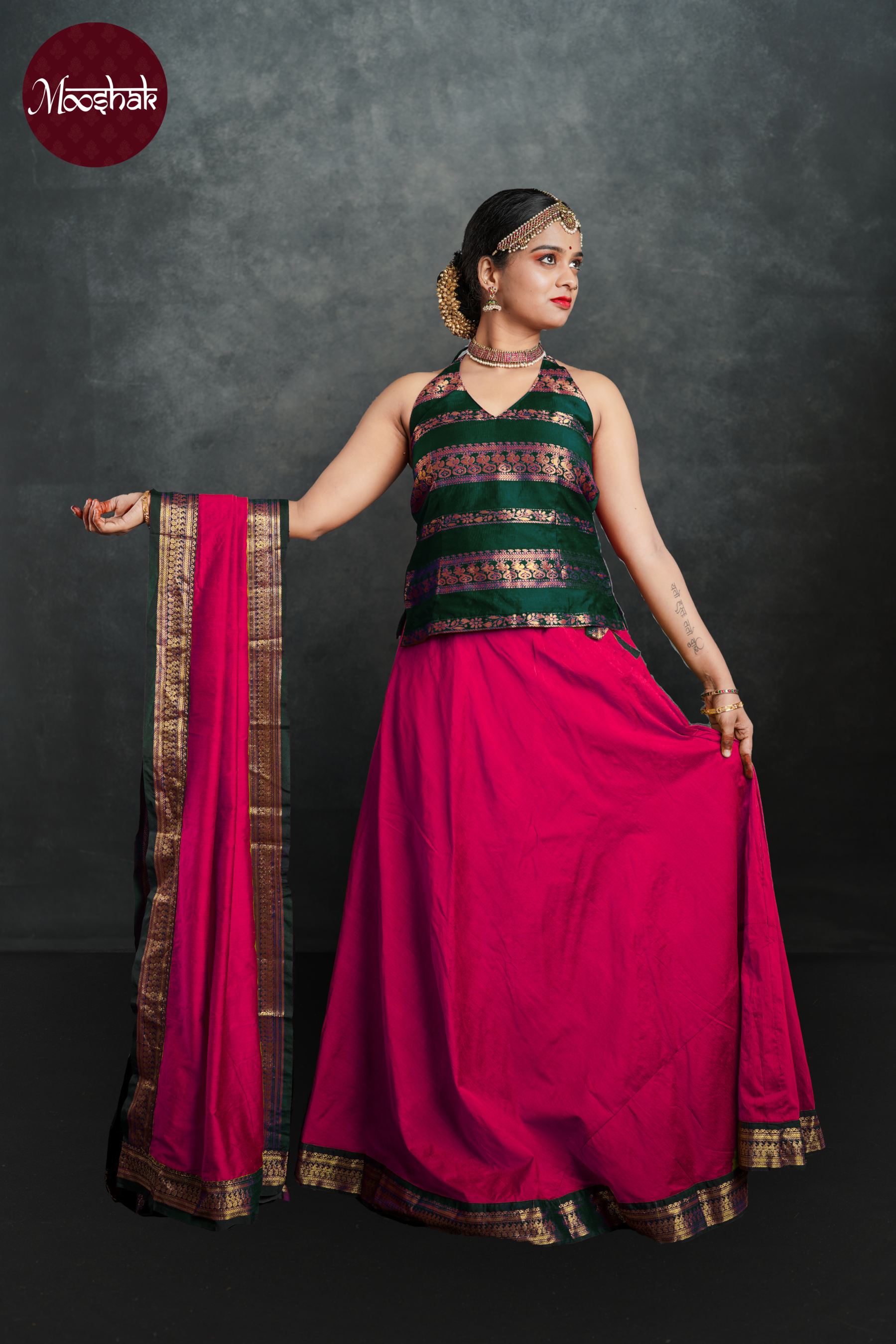 Avani - Skirt and Top in Pink with green zari