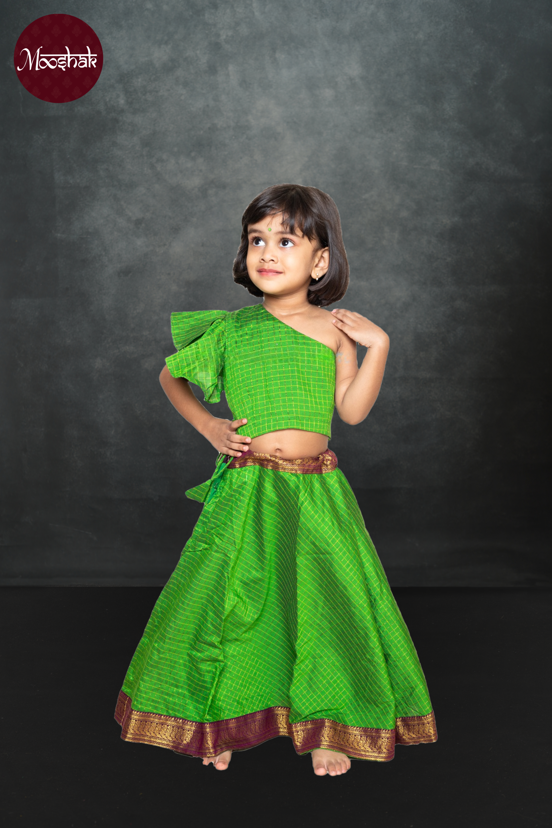 Avani2.0 - Skirt and Top in Dark green checks with blue zari border