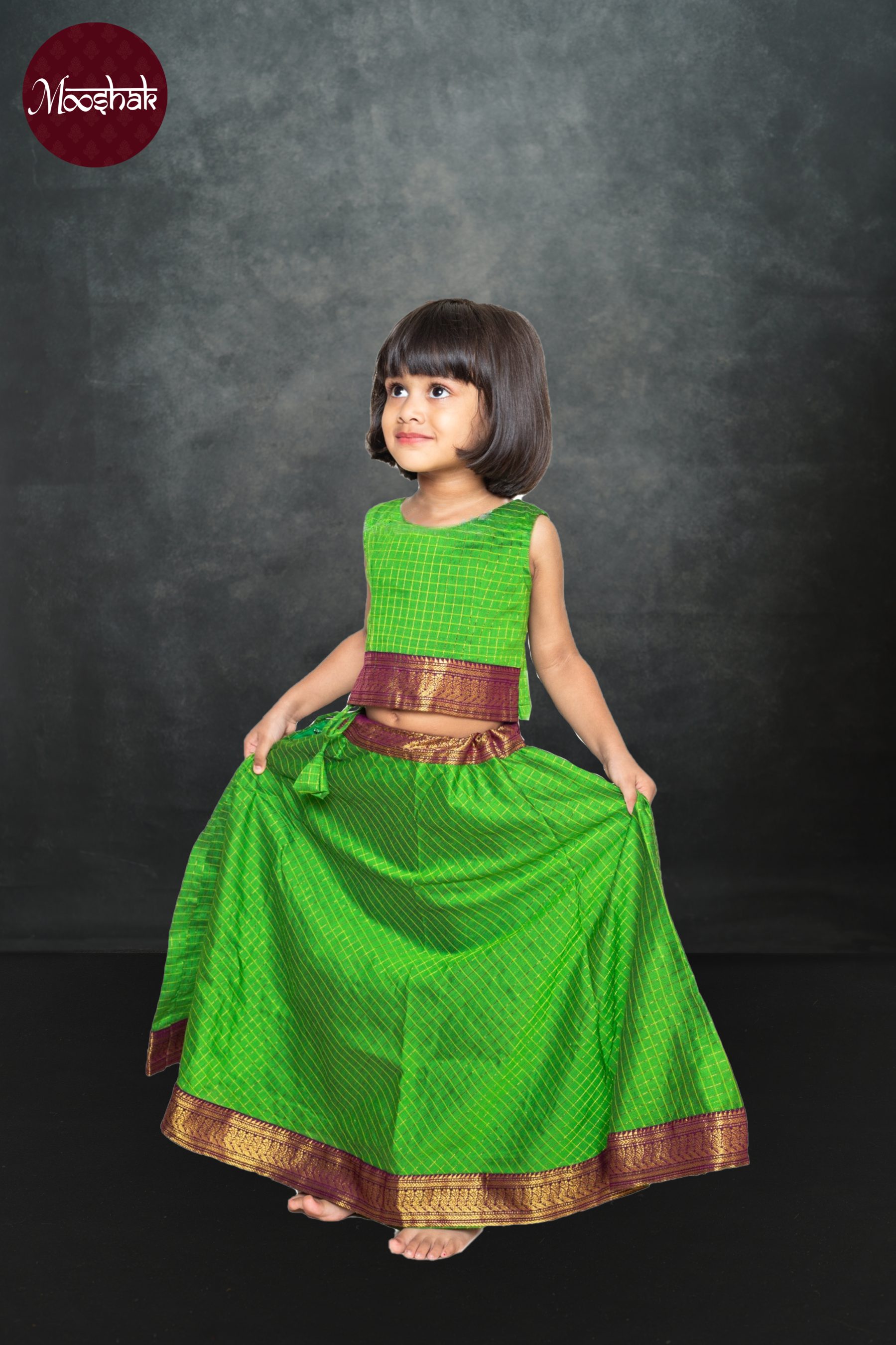 Avani2.0 - Skirt and Top in Dark green checks with blue zari border