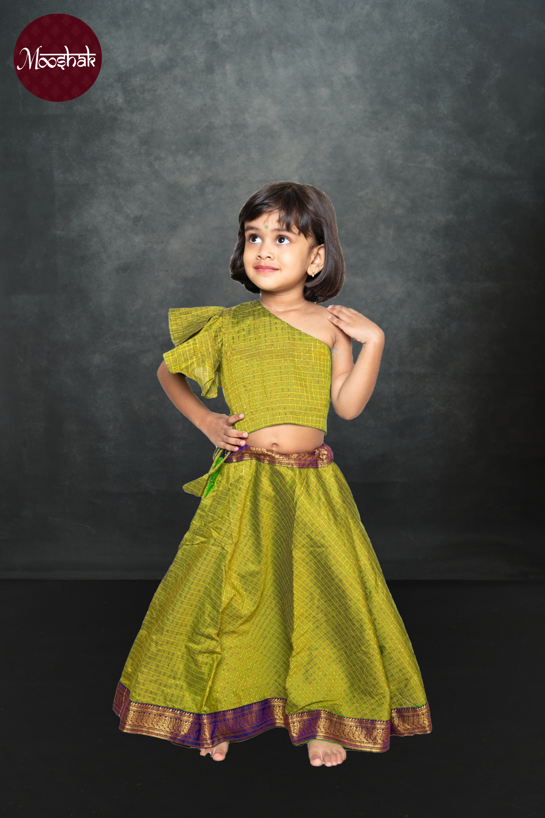 Avani2.0 - Skirt and Top in Light green checks with blue zari border