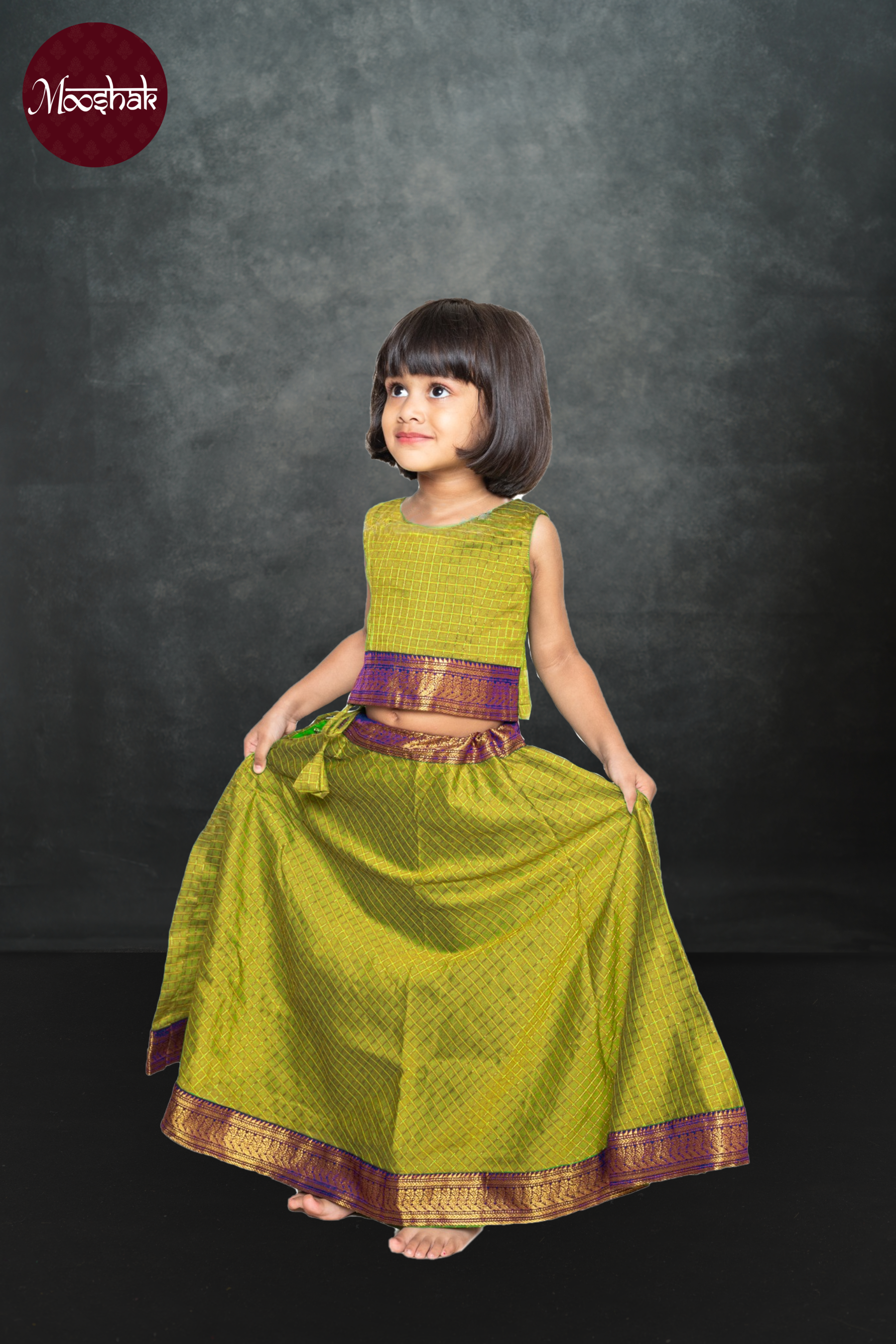 Avani2.0 - Skirt and Top in Light green checks with blue zari border