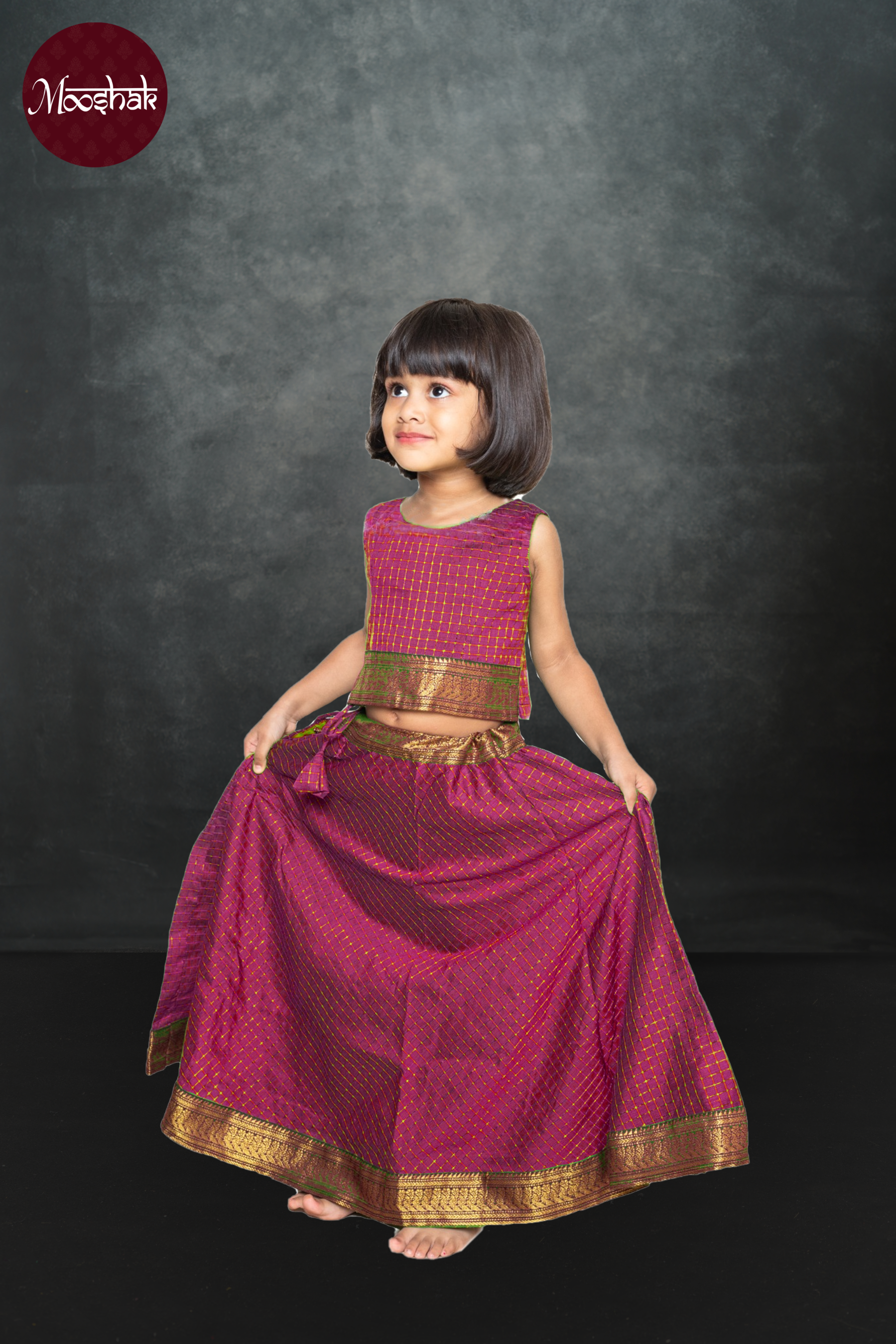 Avani2.0 - Skirt and Top in Purple checks with green zari border