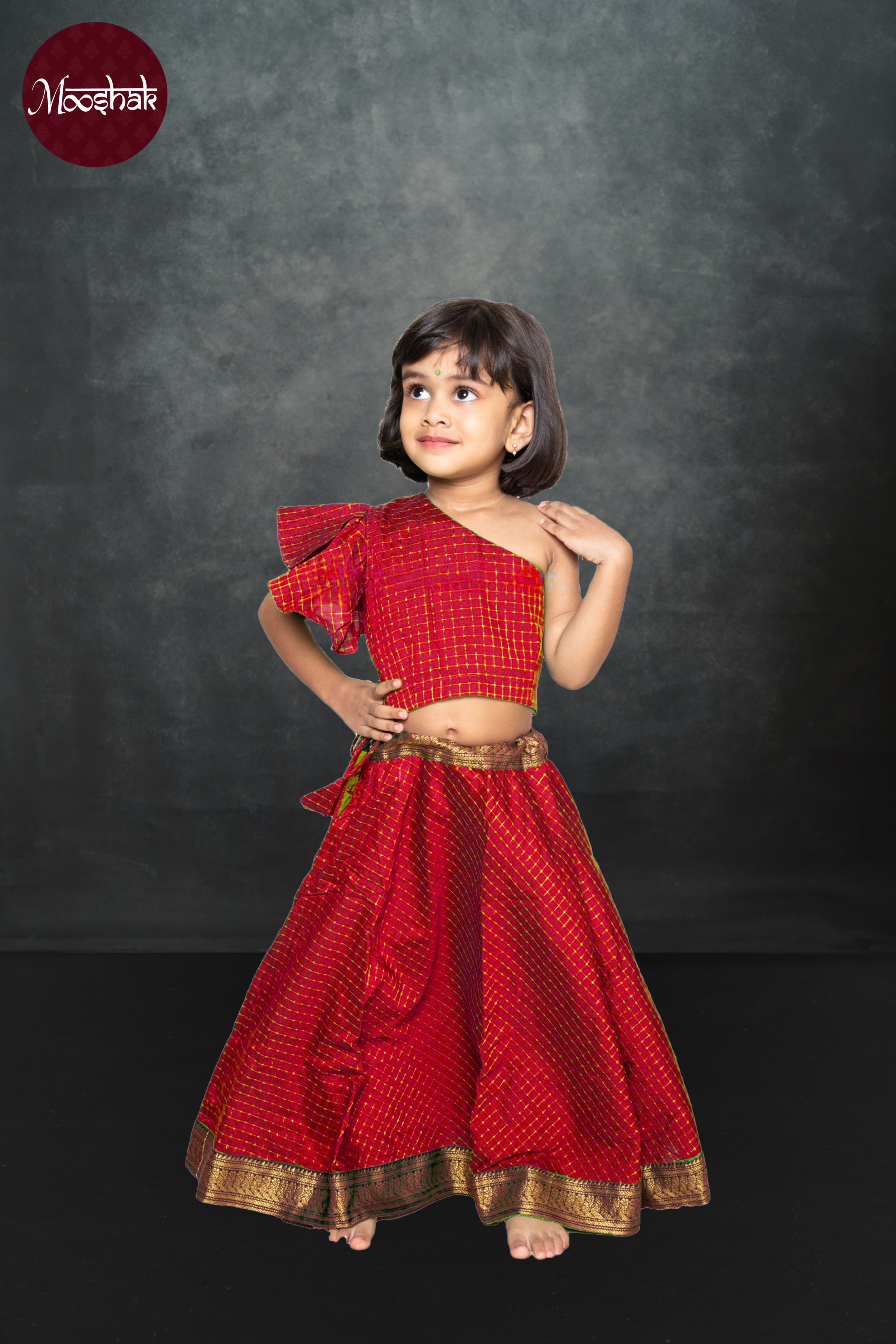 Avani2.0 - Skirt and Top in Red checks with black zari border