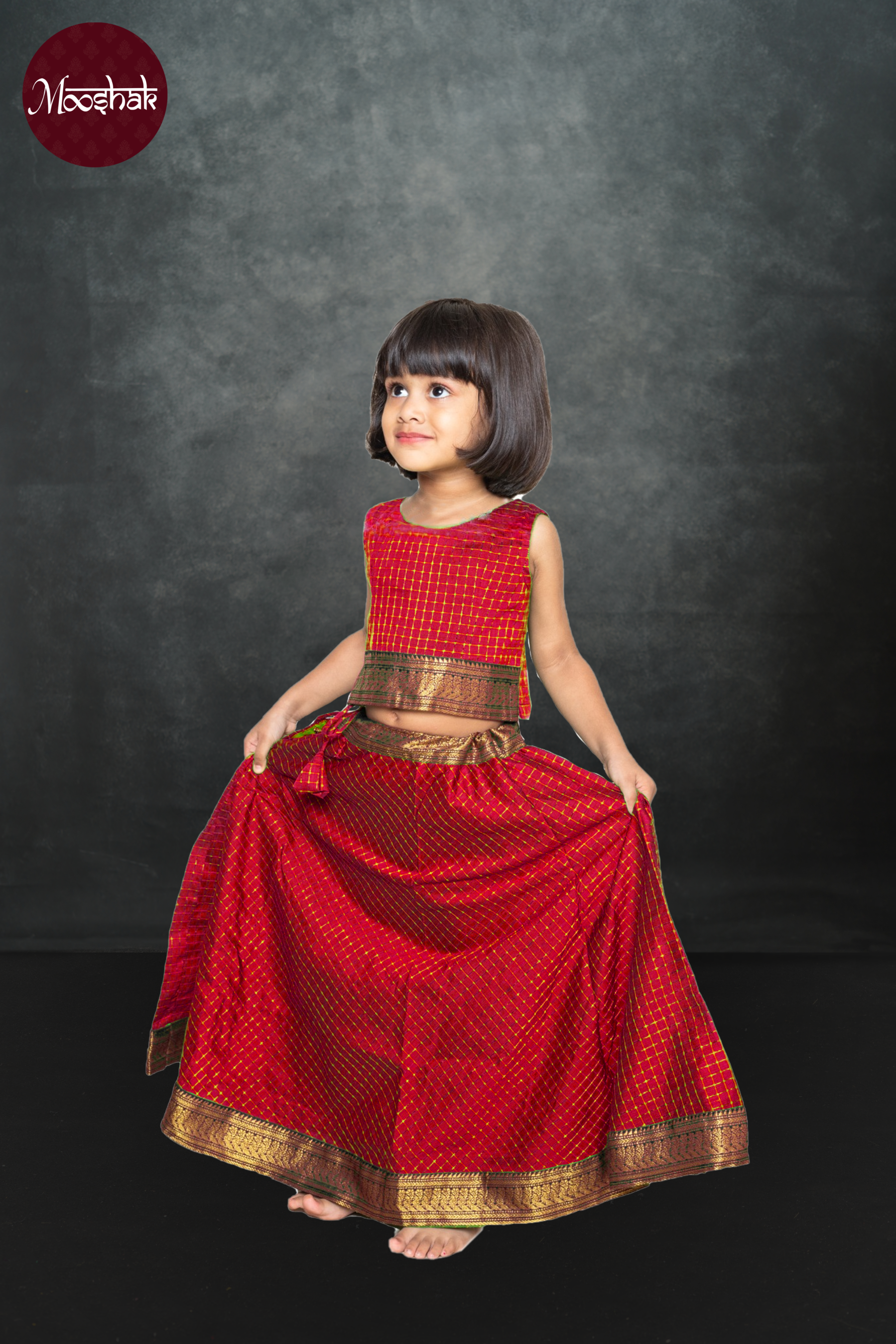 Avani2.0 - Skirt and Top in Red checks with black zari border