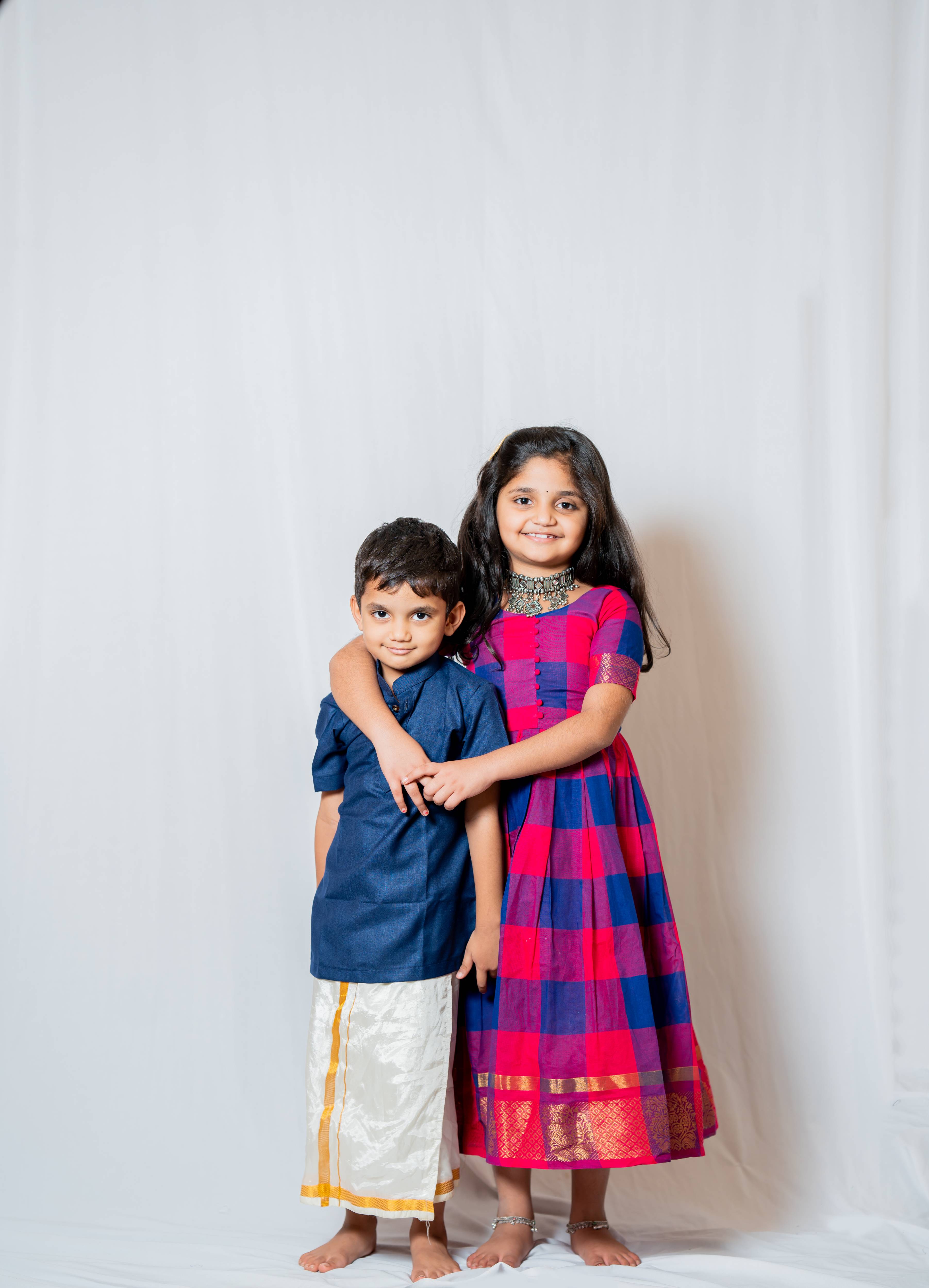 Kattam - Anarkali dress in chettinad cotton in Pink and blue checks