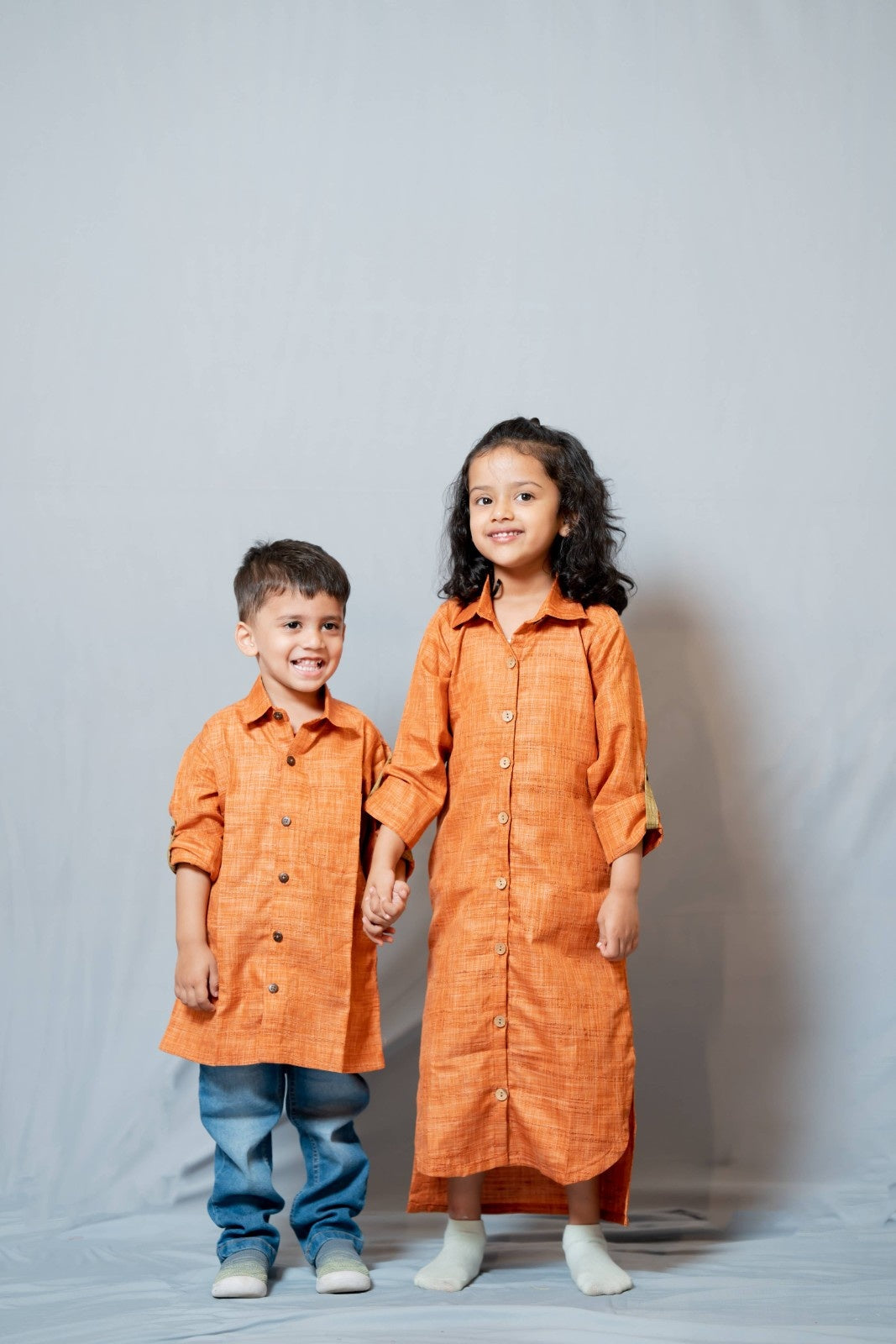 Autumn - Roll-up sleeve collared Shirt dress in Rust co-jute