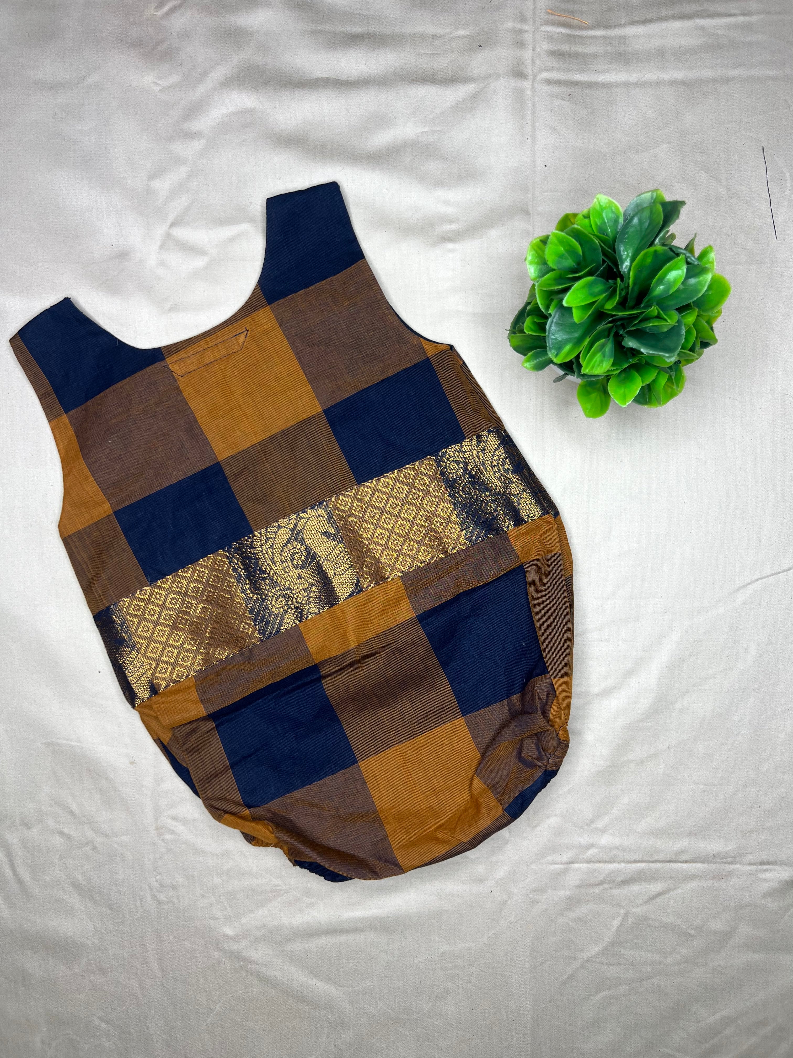 Kattam - Angel Whisper- Onesie Rompers with skirt in Brown with mustard chettinad checks cotton