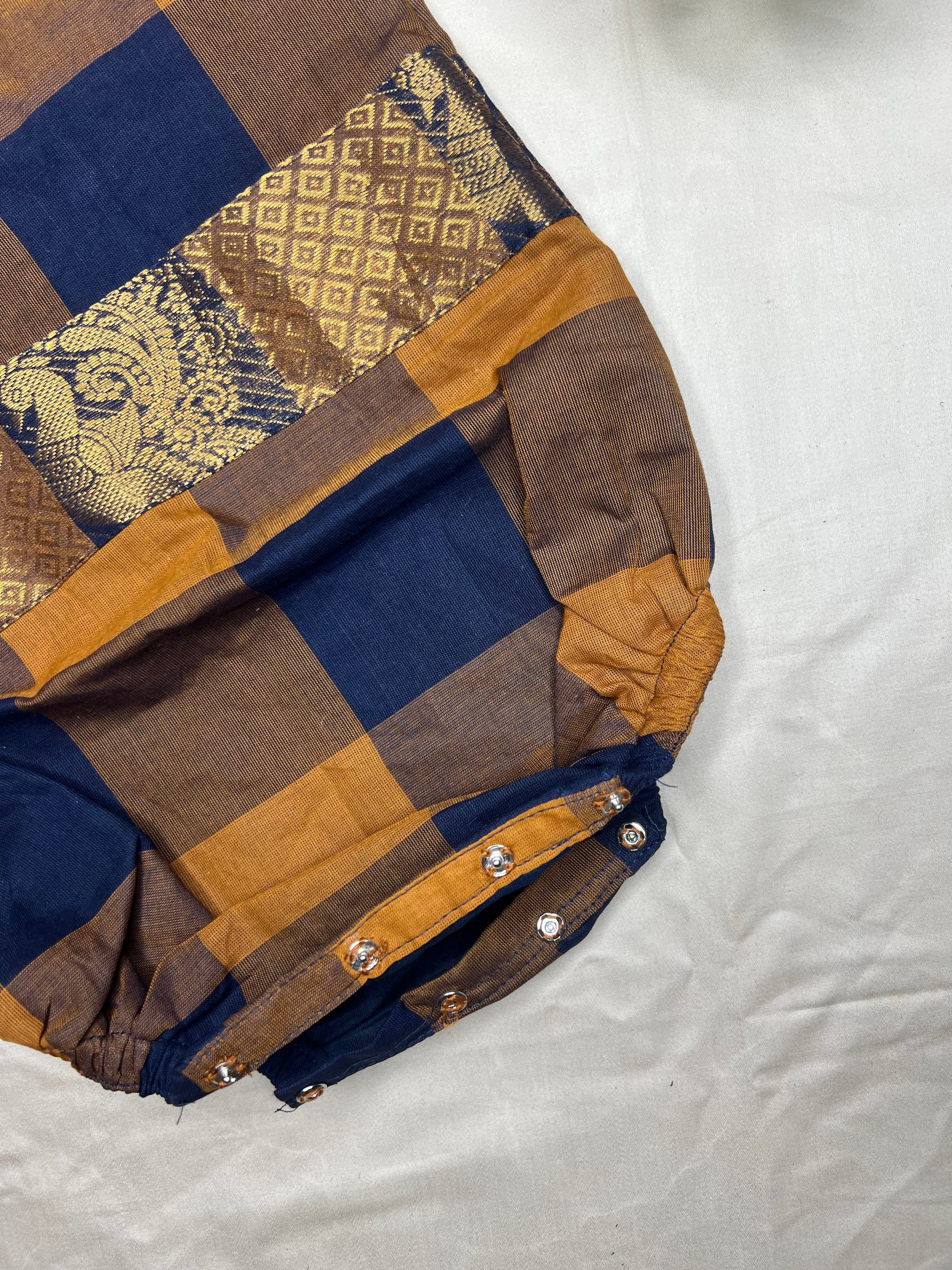 Kattam - Angel Whisper- Onesie Rompers with skirt in Brown with mustard chettinad checks cotton