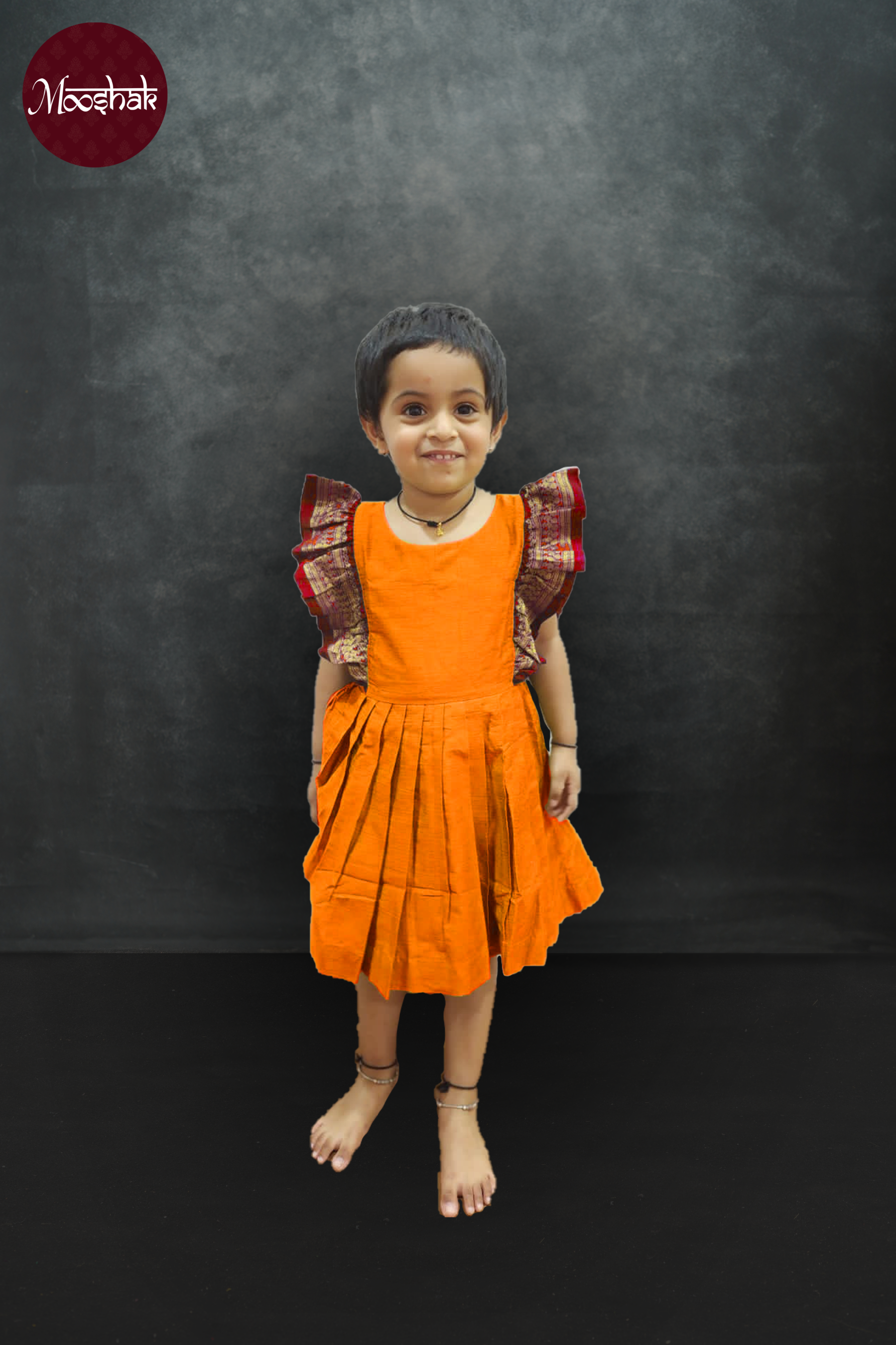 Butterfly Wings - Frock in Orange with red zari border