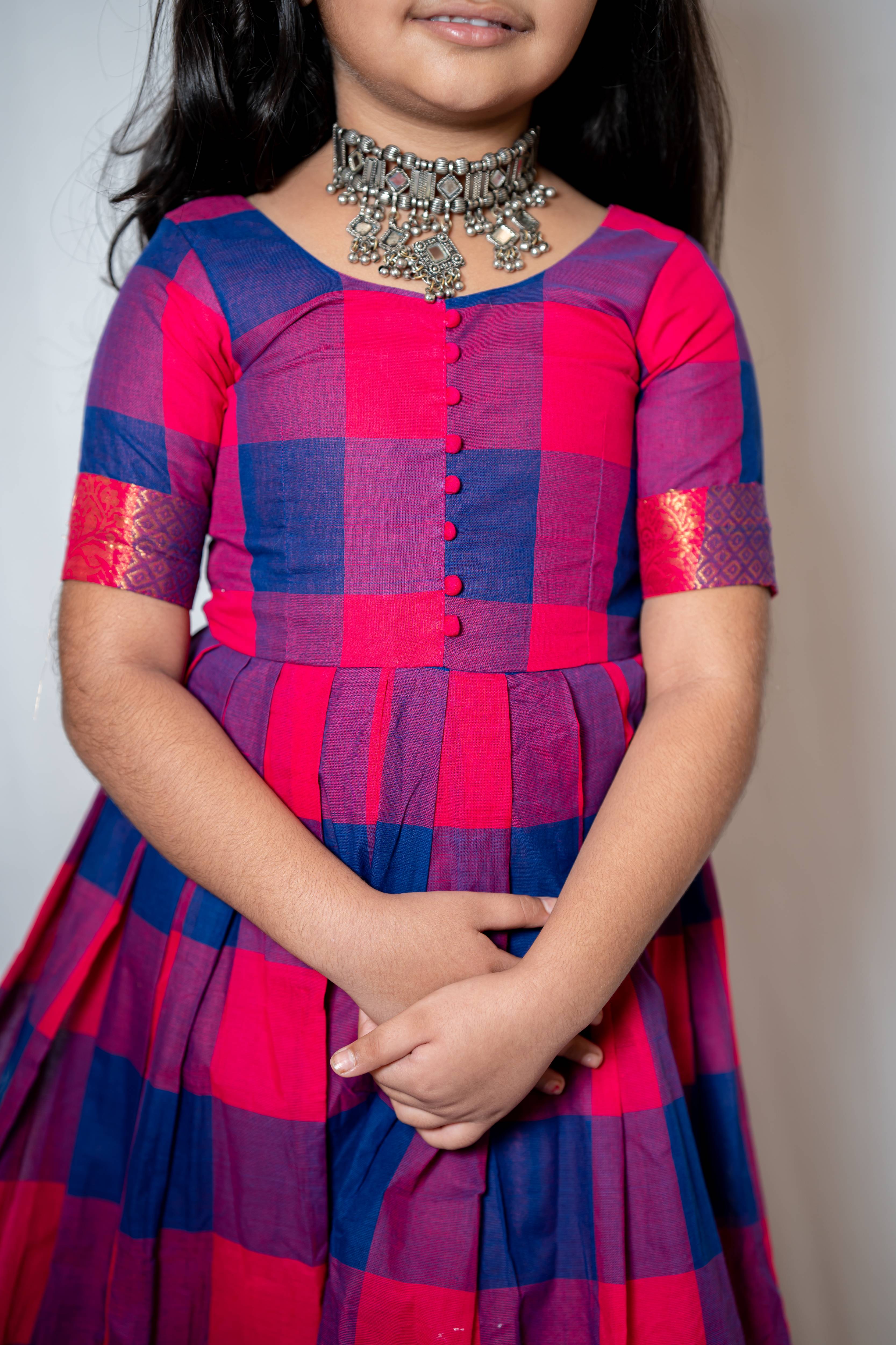 Kattam - Anarkali dress in chettinad cotton in Pink and blue checks