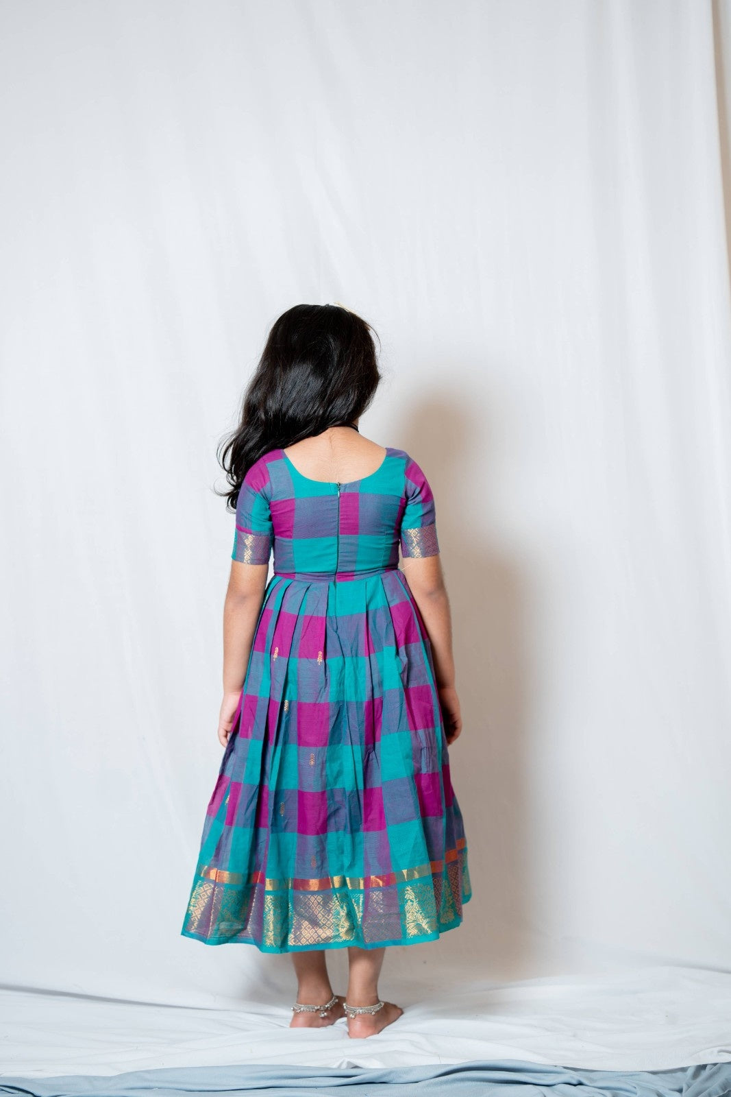 Kattam - Anarkali dress in chettinad cotton in Teal and Pink checks