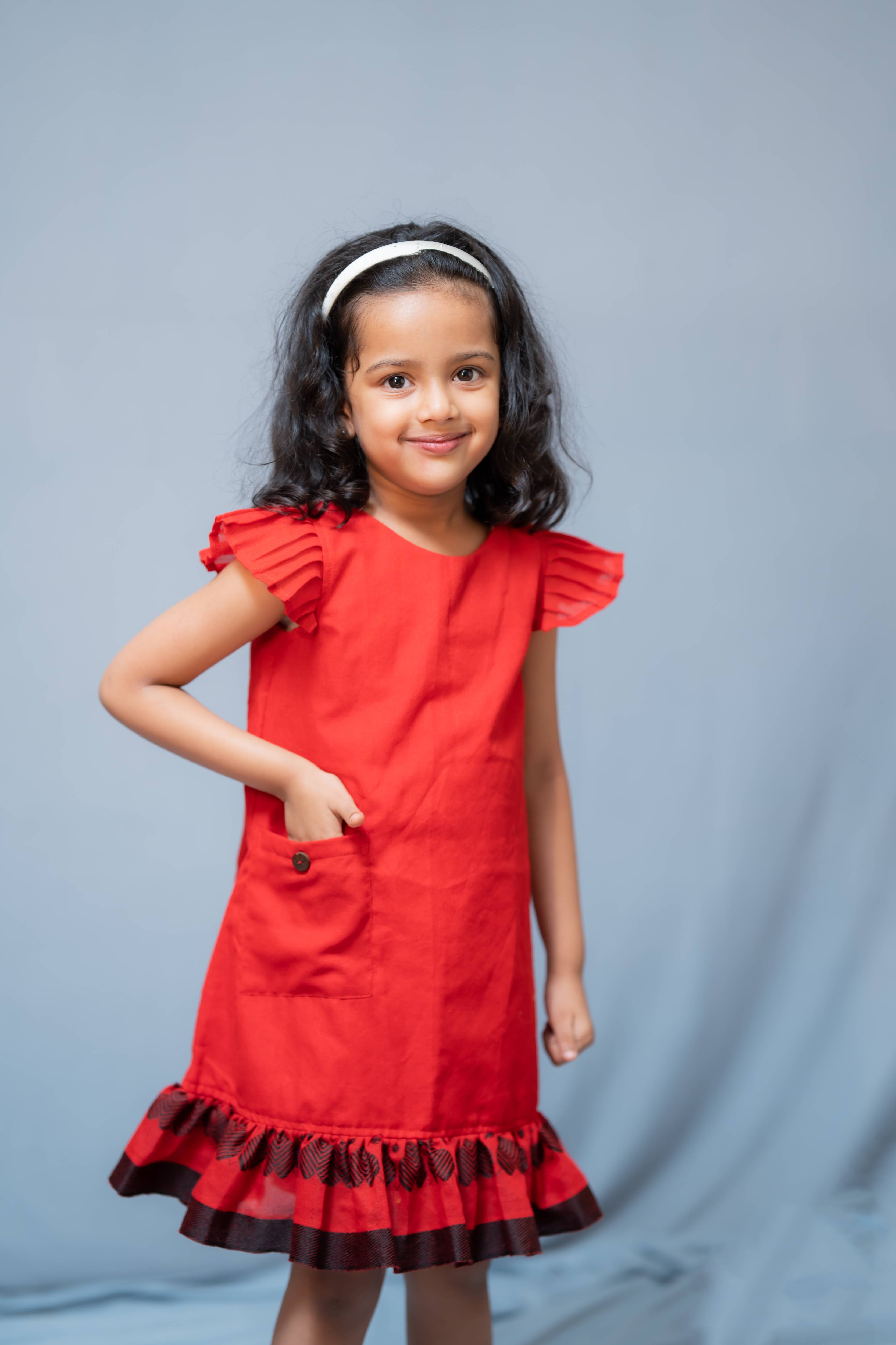 Ritu - Frill-frock in Red heart in Khadi fabric