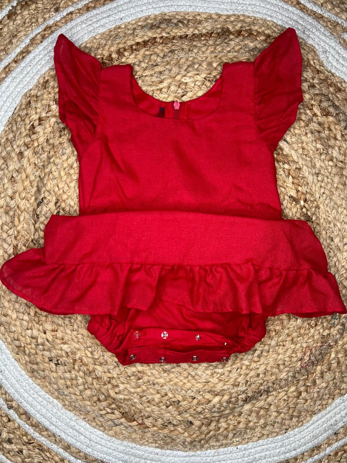 Daisy- Frock Rompers in Red heart in Khadi fabric