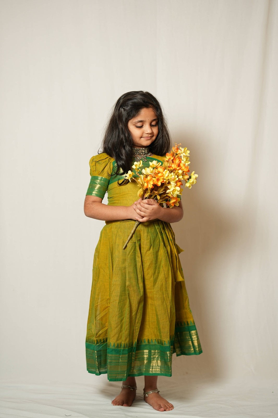 Siya - Pavada Sattai in kanchi cotton in Mehndi color