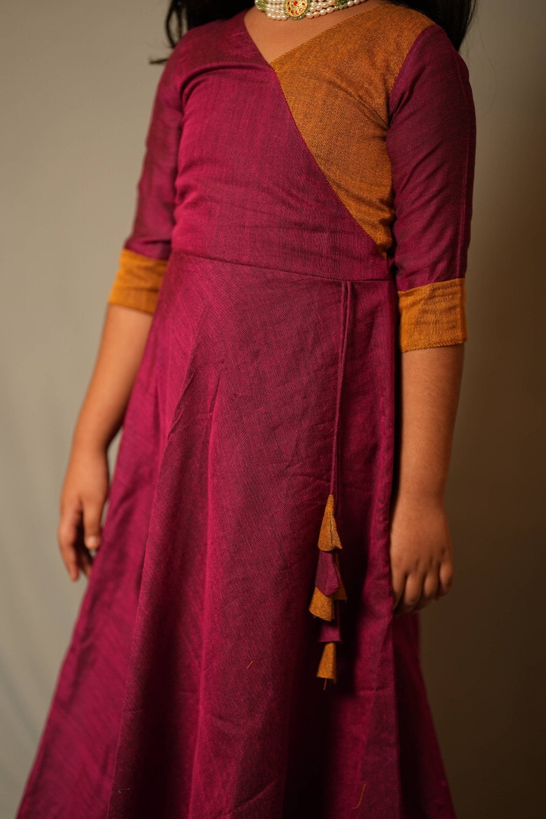 Suvarna - Angrakha dress in Khadi cotton in pink with mustard contrast