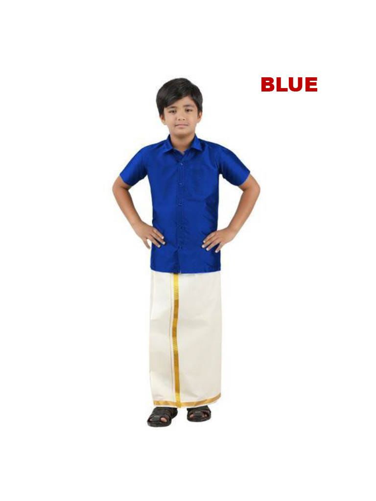 Tej - Shirt and veshti set in Blue taffeta silk and cotton