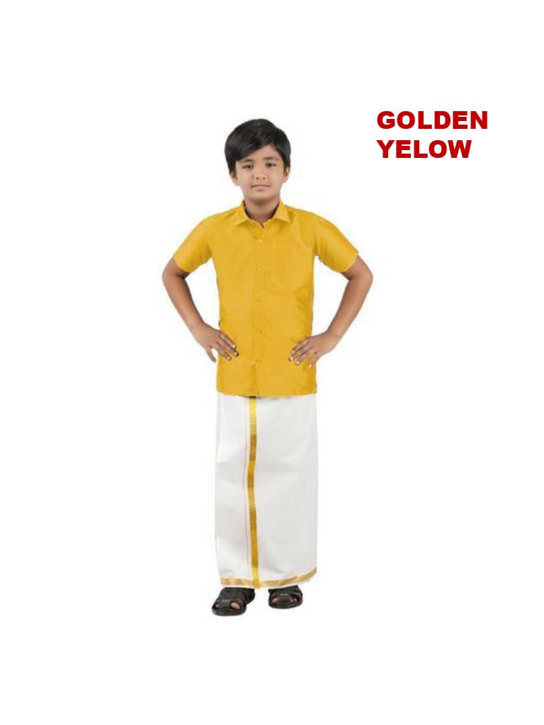 Tej - Shirt and veshti set in golden yellow taffeta silk and cotton