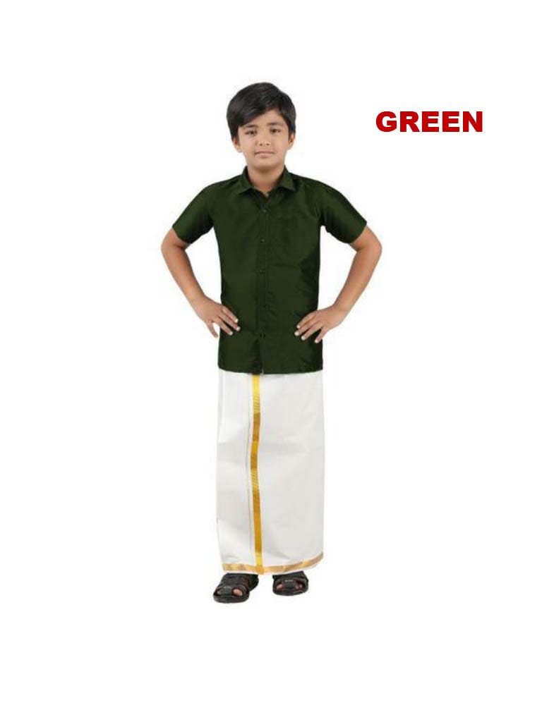 Tej - Shirt and veshti set in green taffeta silk and cotton