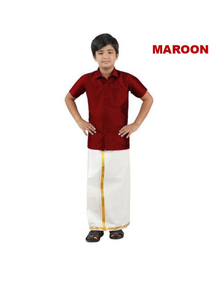 Tej - Shirt and veshti set in maroon taffeta silk and cotton