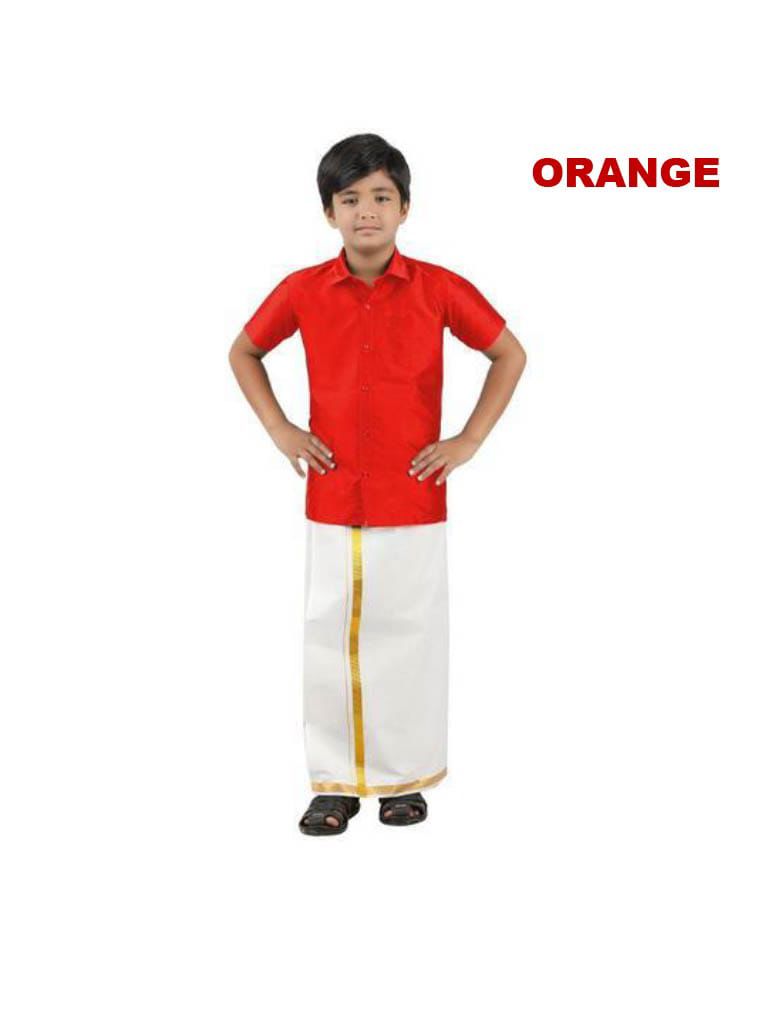 Tej - Shirt and veshti set in orange taffeta silk and cotton