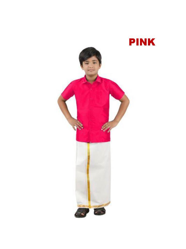 Tej - Shirt and veshti set in pink taffeta silk and cotton