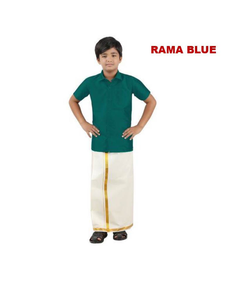 Tej - Shirt and veshti set in rama blue taffeta silk and cotton