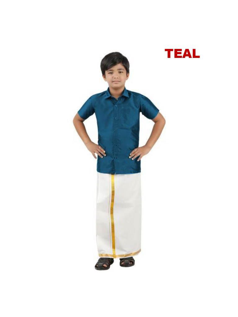 Tej - Shirt and veshti set in teal taffeta silk and cotton