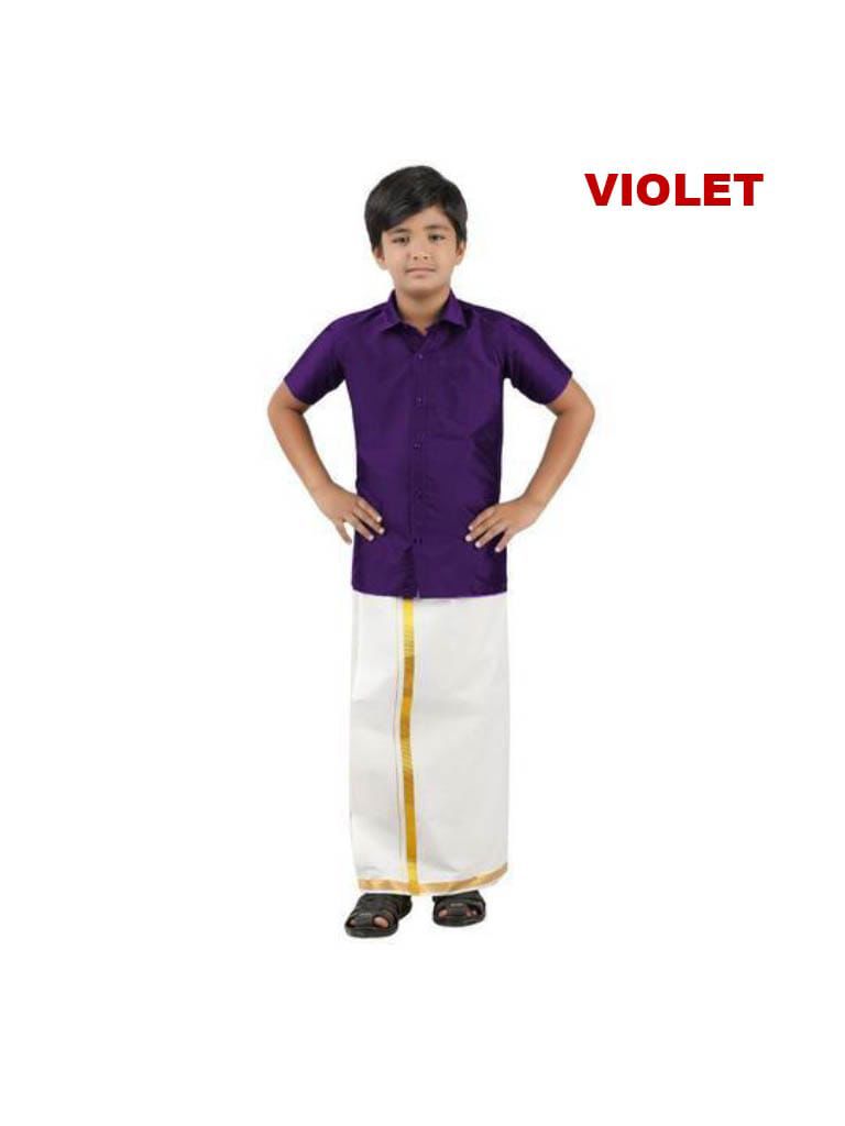 Tej - Shirt and veshti set in violet taffeta silk and cotton