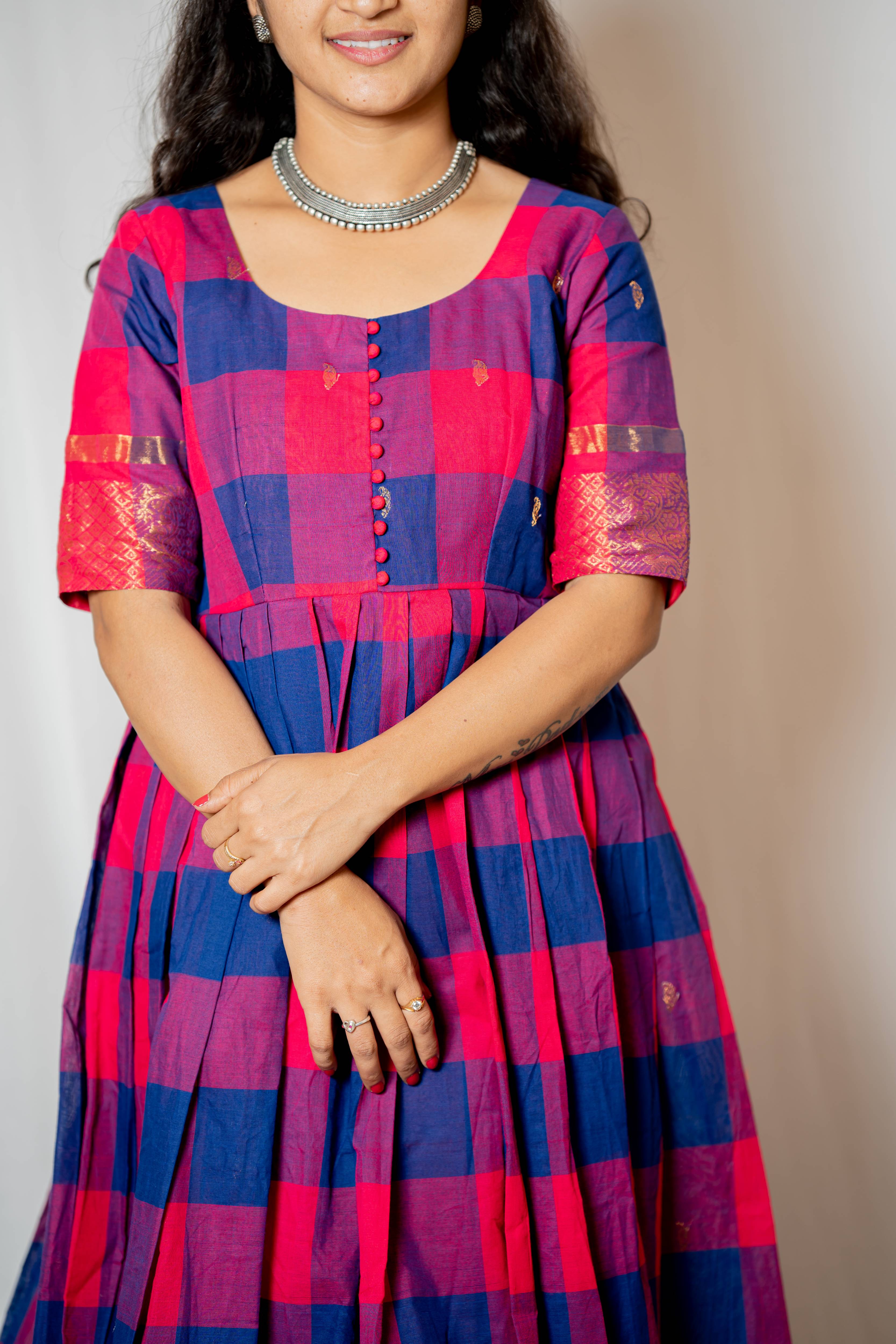 Kattam - Anarkali dress in chettinad cotton in Pink and blue checks