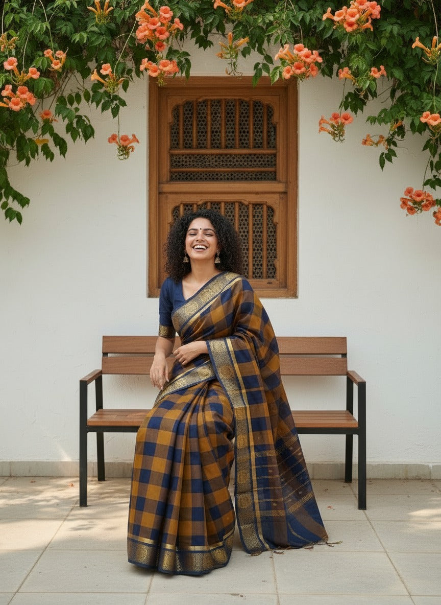 Kattam - 1 minute Ready-to-wear saree in Chettinad cotton in Brown and mustard checks