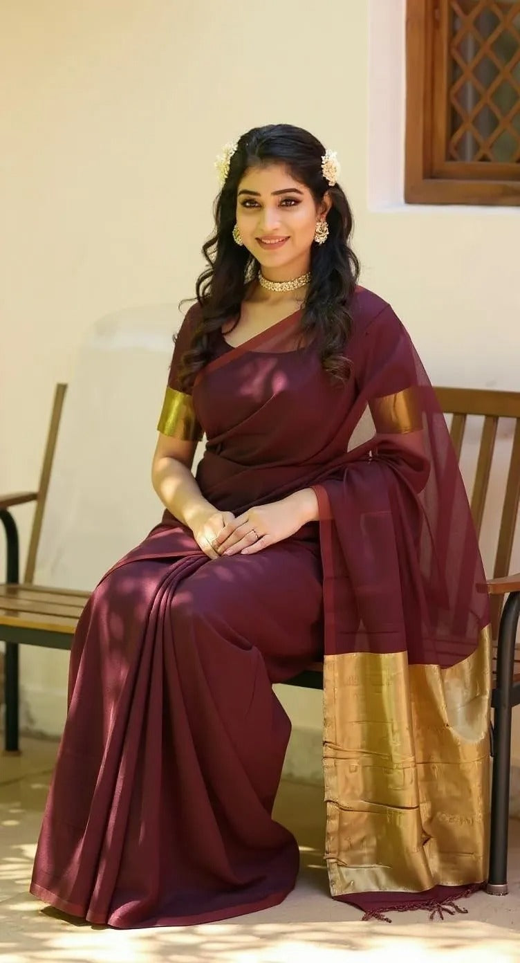 Aanchal - 1 minute Ready-to-wear saree in Maroon in Pure Khadi Cotton