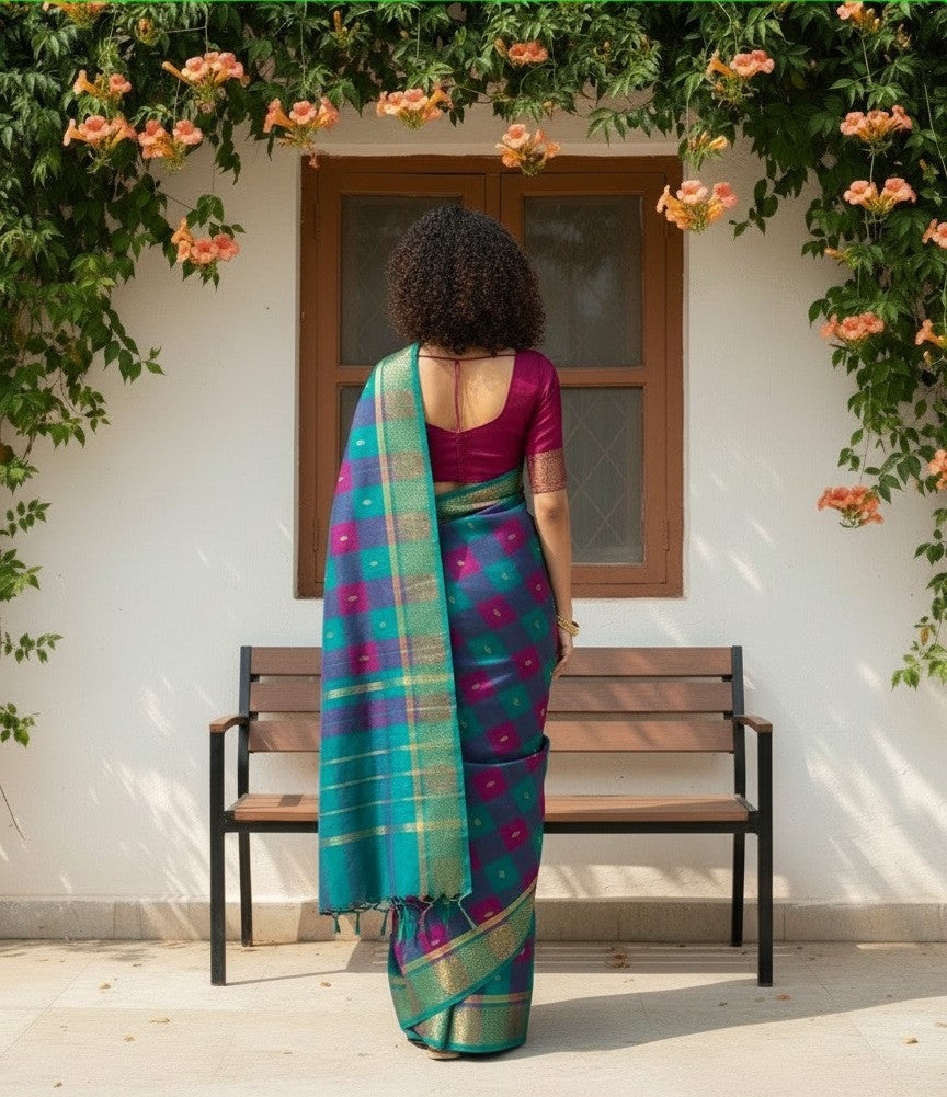 Kattam - 1 minute Ready-to-wear saree in Chettinad cotton in Teal & Pink checks