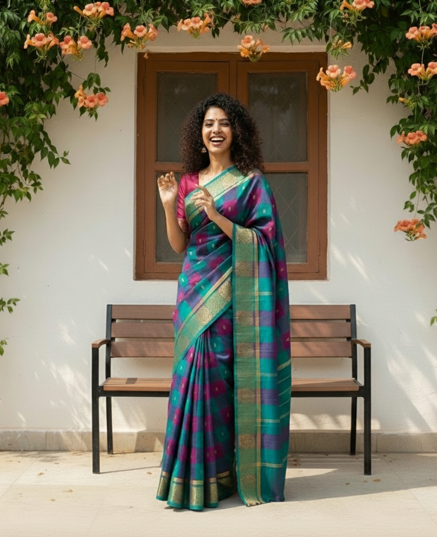 Kattam - 1 minute Ready-to-wear saree in Chettinad cotton in Teal & Pink checks