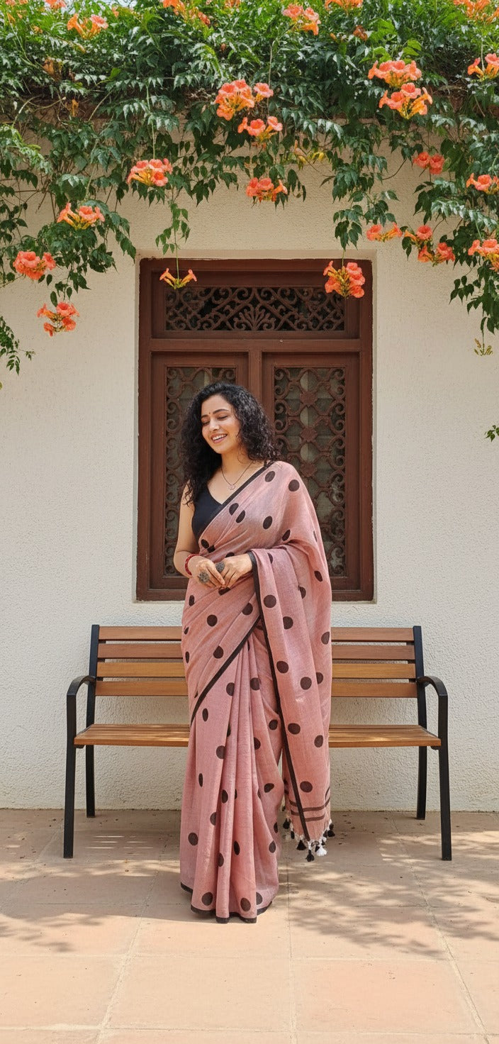 Aanchal - Saree (Unstitched) in Peach Polka in Khadi fabric