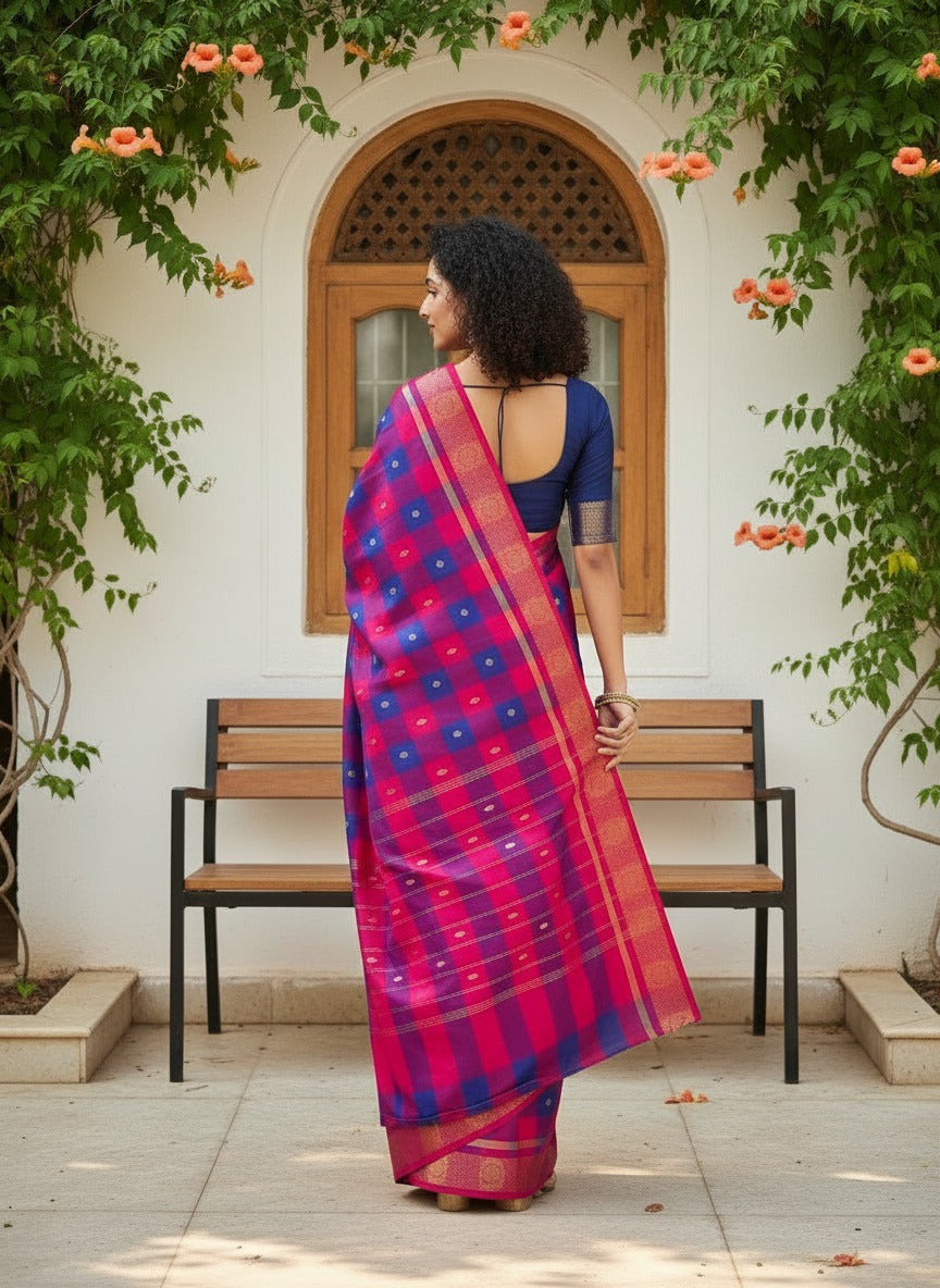 Kattam - 1 minute Ready-to-wear saree in Chettinad cotton in Pink and blue checks