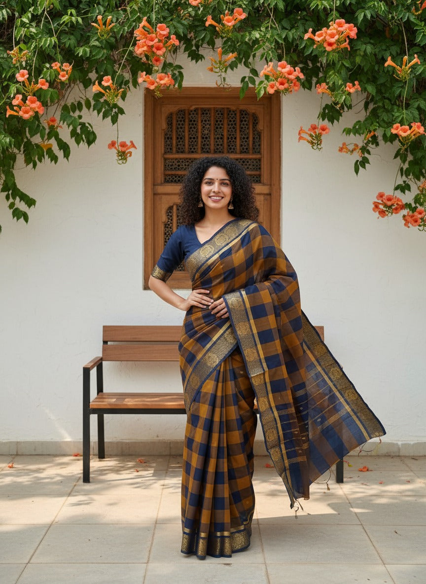 Kattam - 1 minute Ready-to-wear saree in Chettinad cotton in Brown and mustard checks