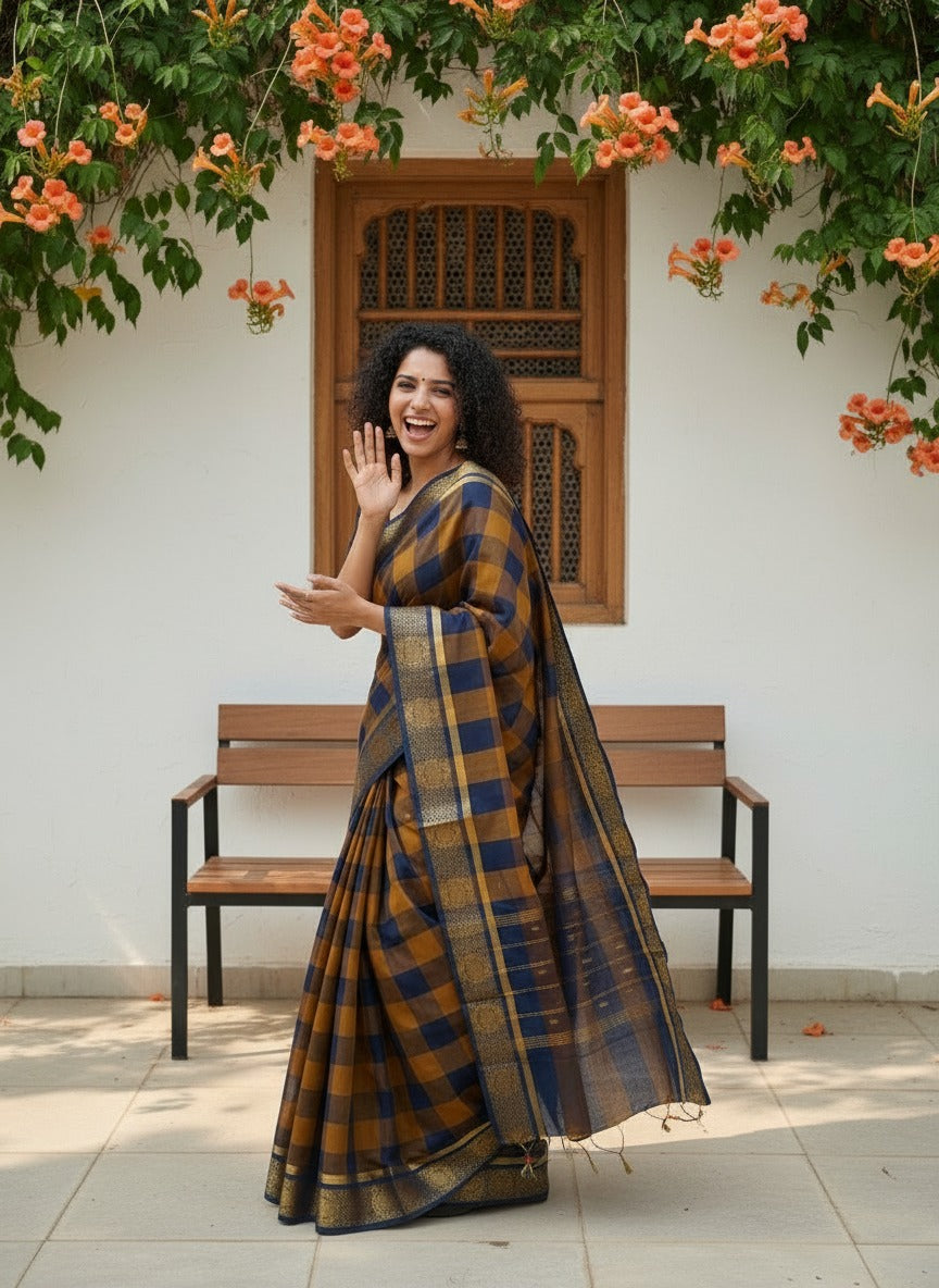 Kattam - 1 minute Ready-to-wear saree in Chettinad cotton in Brown and mustard checks