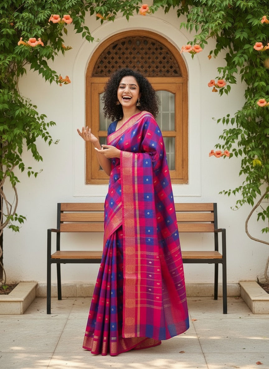 Kattam - 1 minute Ready-to-wear saree in Chettinad cotton in Pink and blue checks